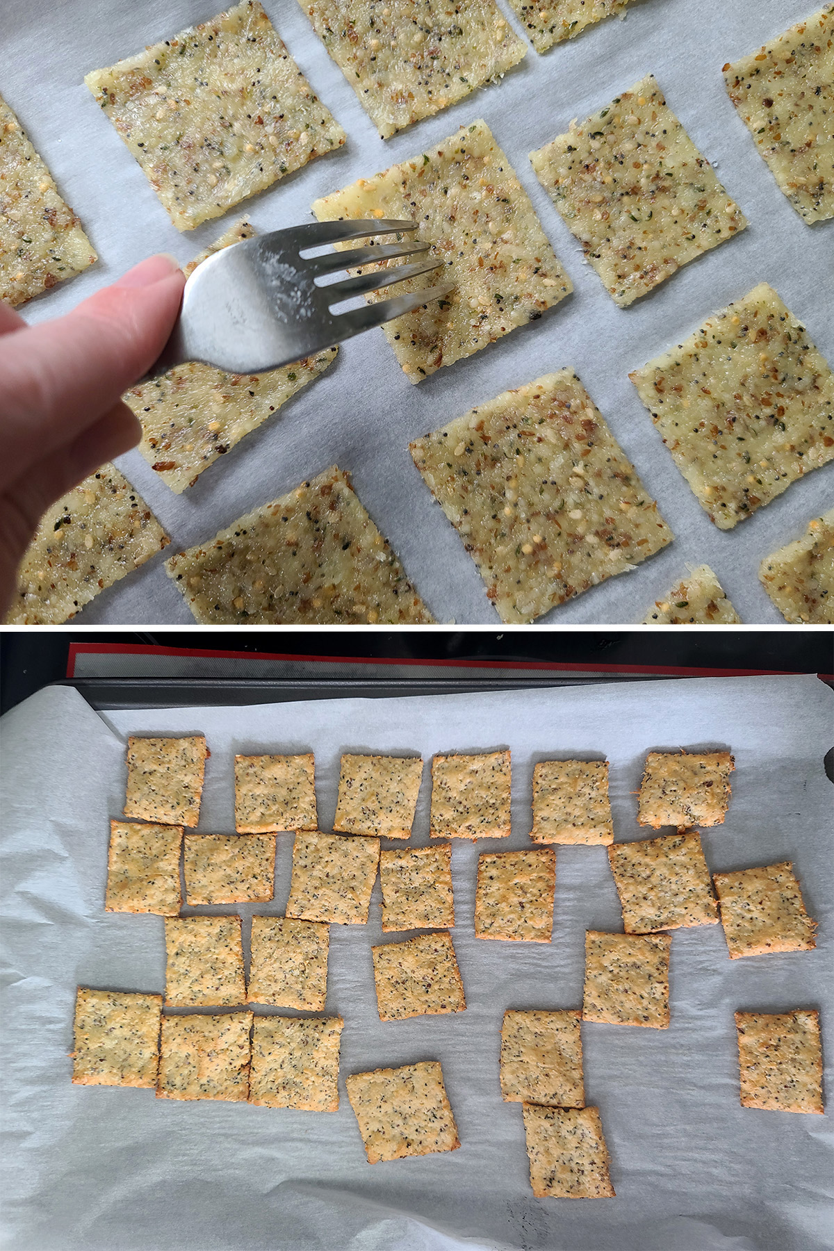 A fork poking the crackers, then the baked crackers on a pan.