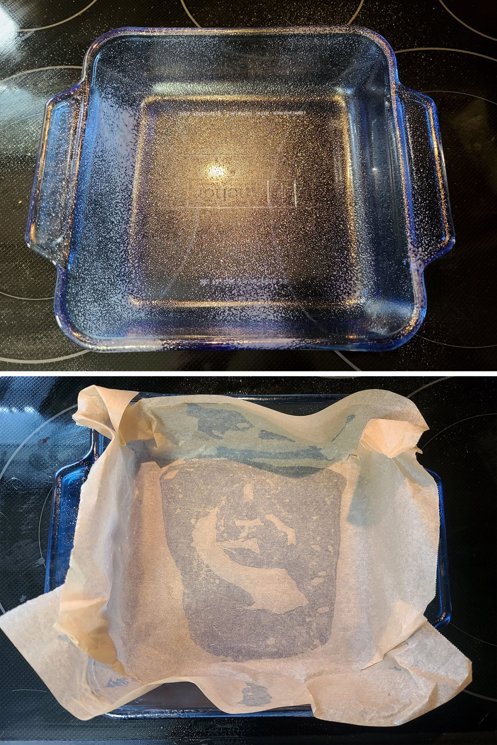 2 part image showing a square baking dish sprayed and lined with parchment paper.