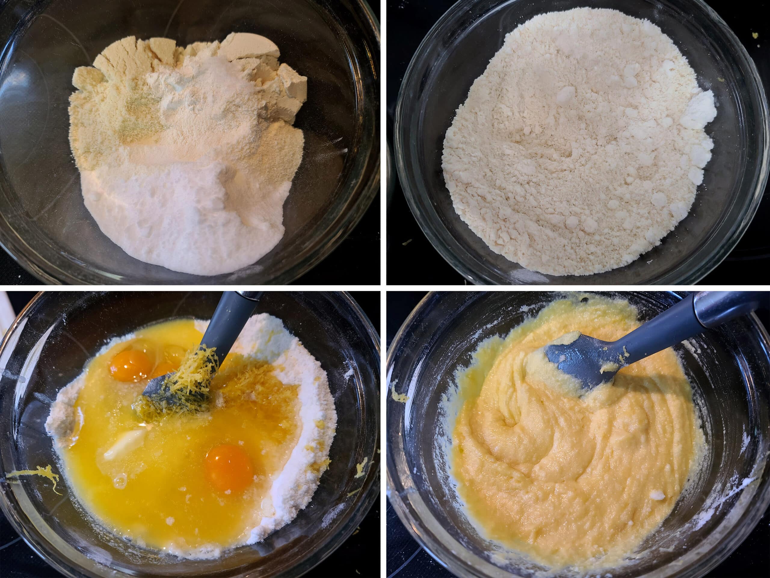 4 part image showing the dry ingredients being mixed, then the wet ingredients beaten in.