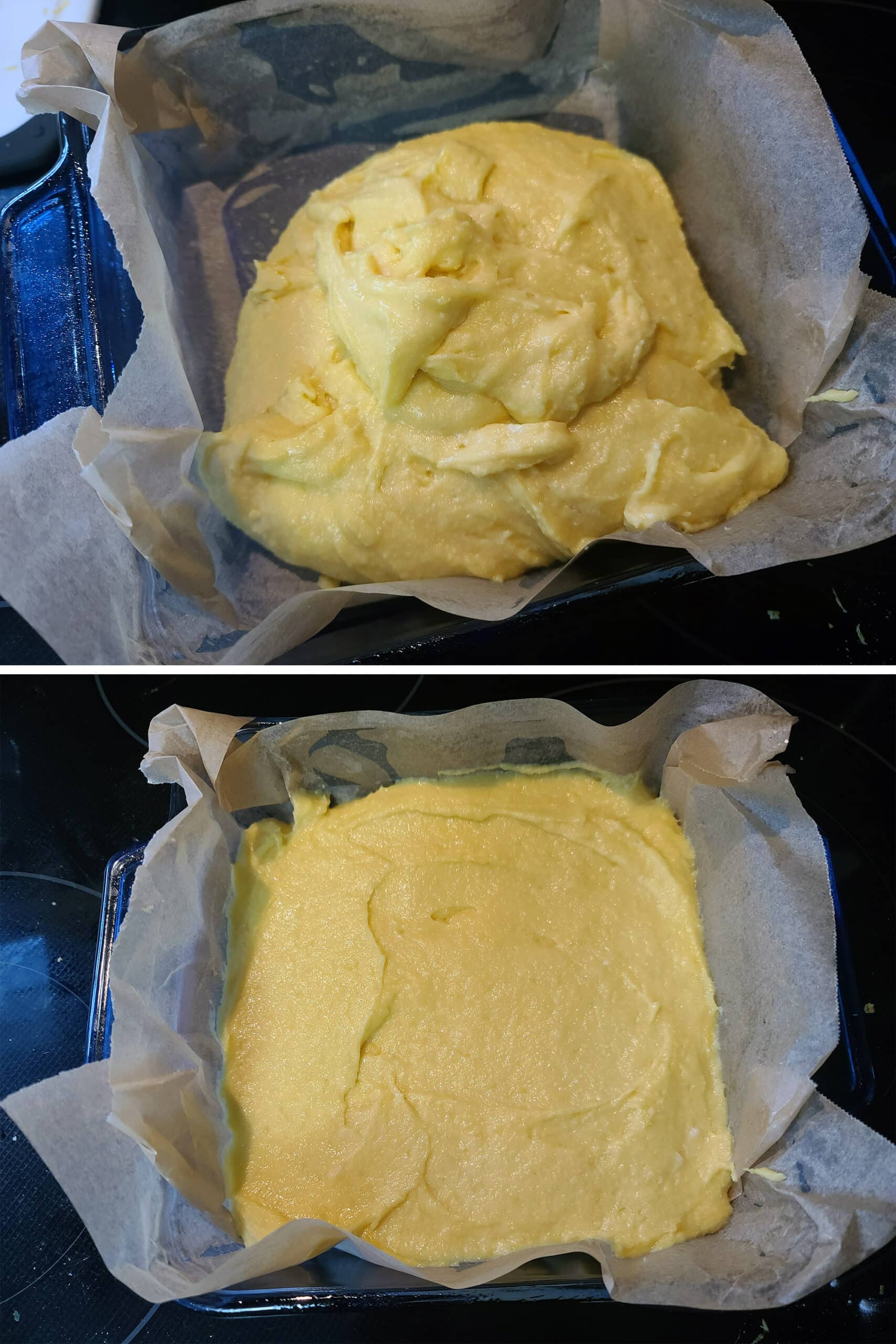 2 part image showing the lemon bar batter being spread in a lined baking pan.