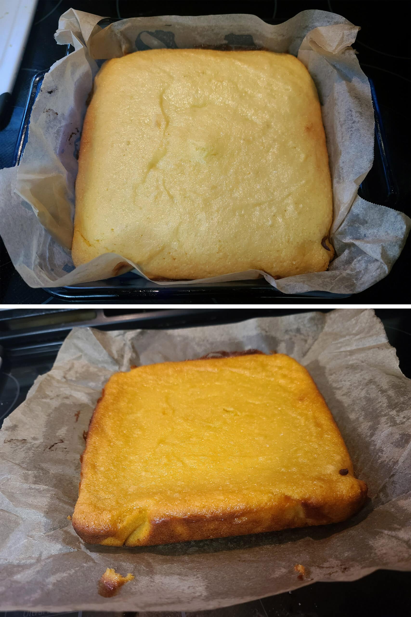 2 part image showing the baked keto lemon bar slab, before and after being lifted from the pan.
