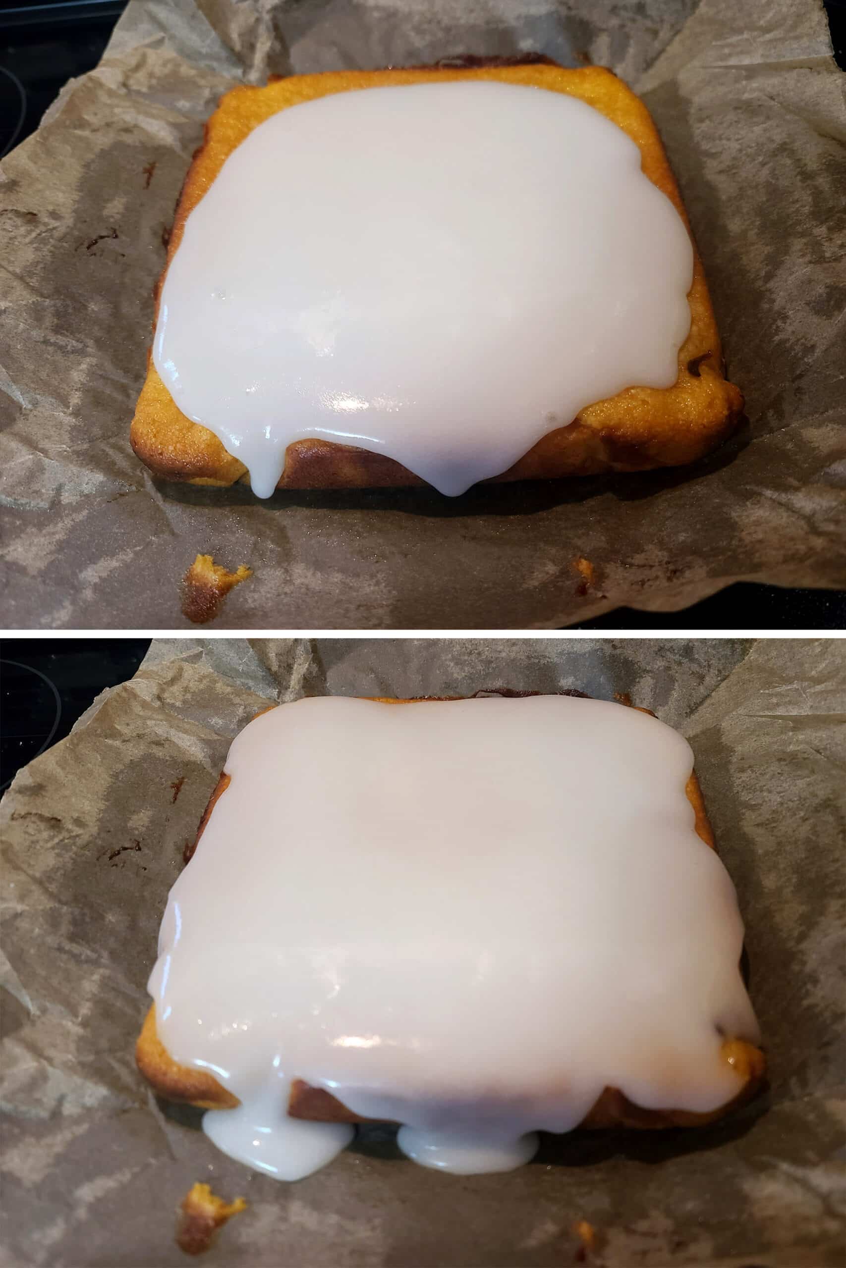 2 part image showing the white glaze being spread over the slab of sugar free lemon bars.