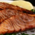 Several servings of hot smoked sockeye salmon on a plate.