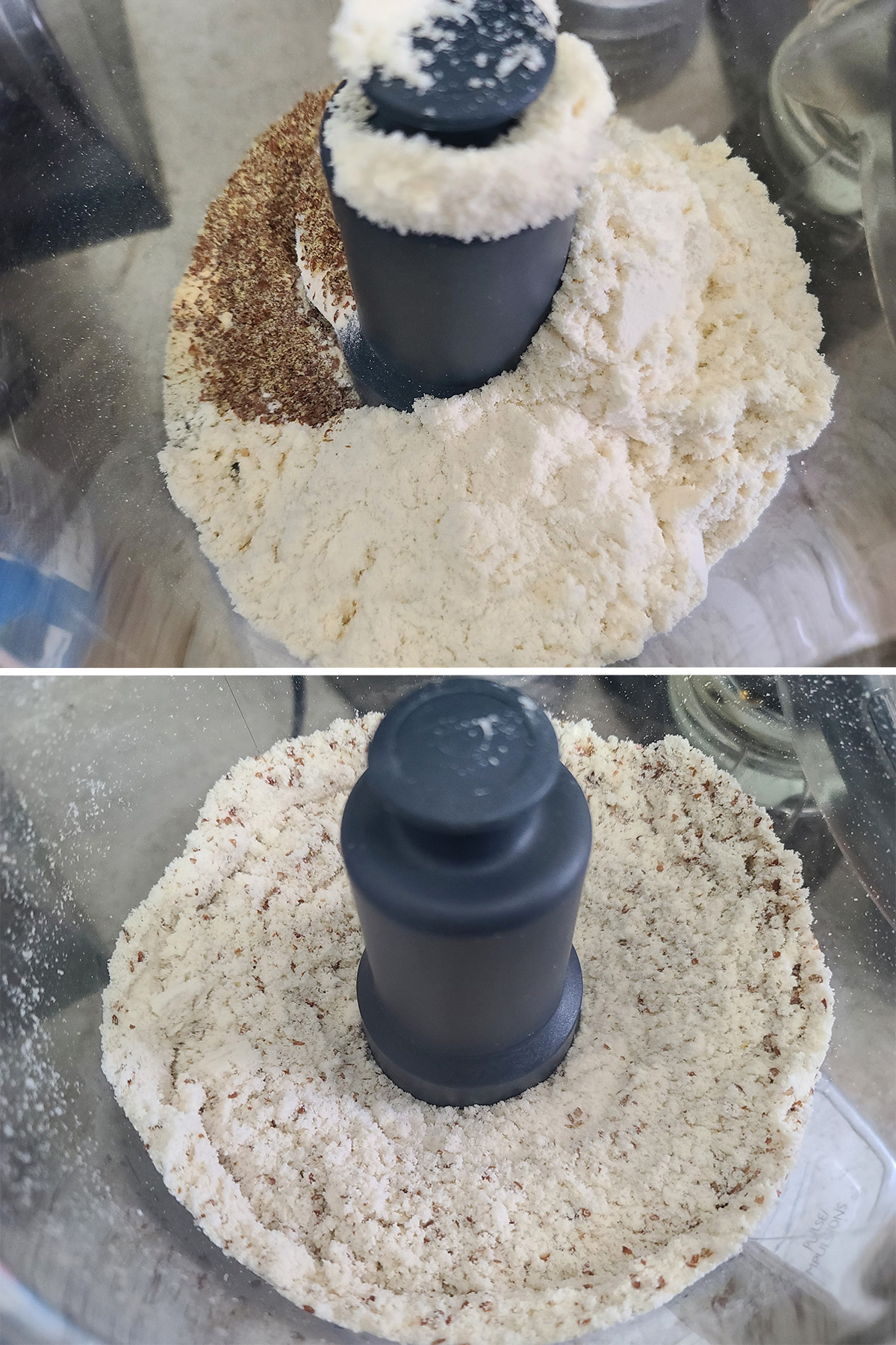 A 2 part image showing the dry ingredients in a food processor