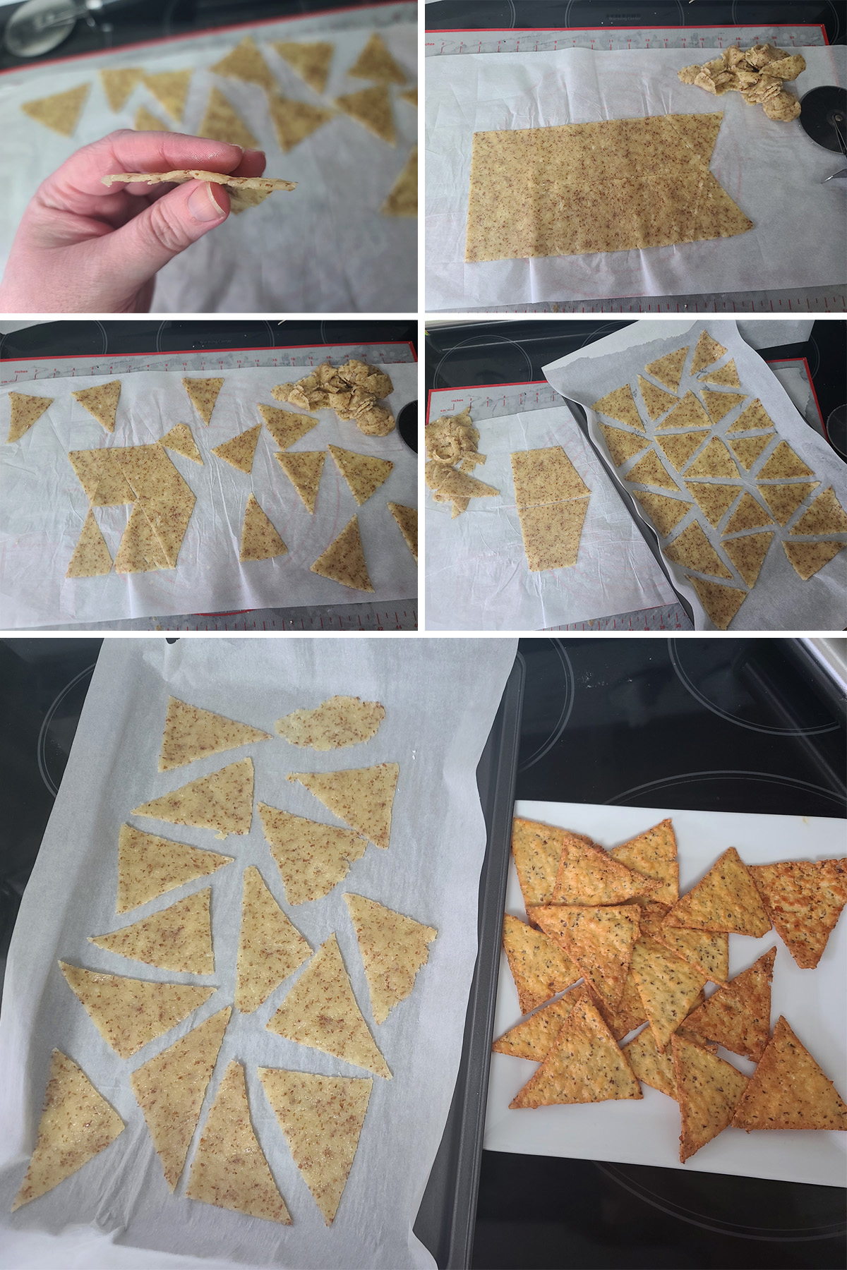 A 5 part image showing the cut tortilla chips being put on prepared pans and baked.