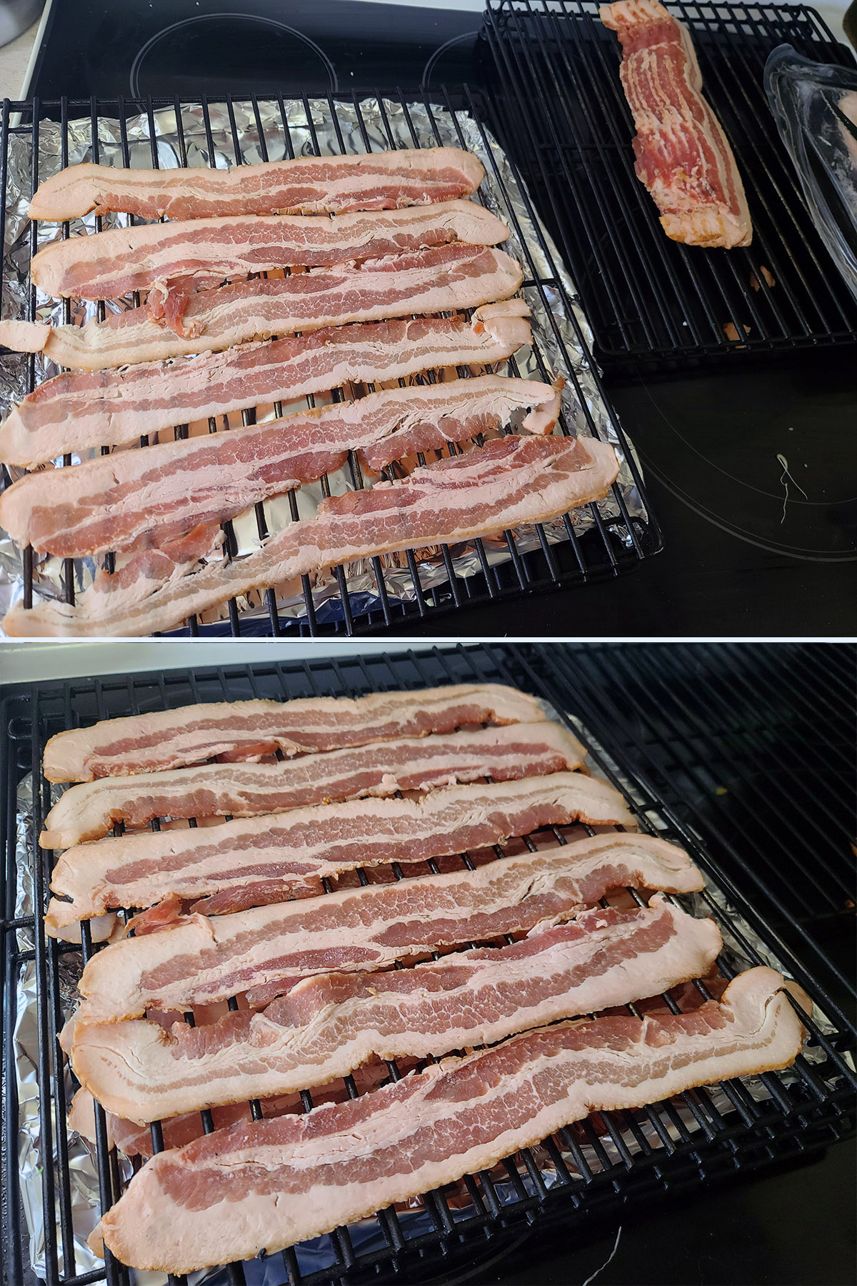 A 2 part image of bacon slices being arranged on multiple smoker racks.