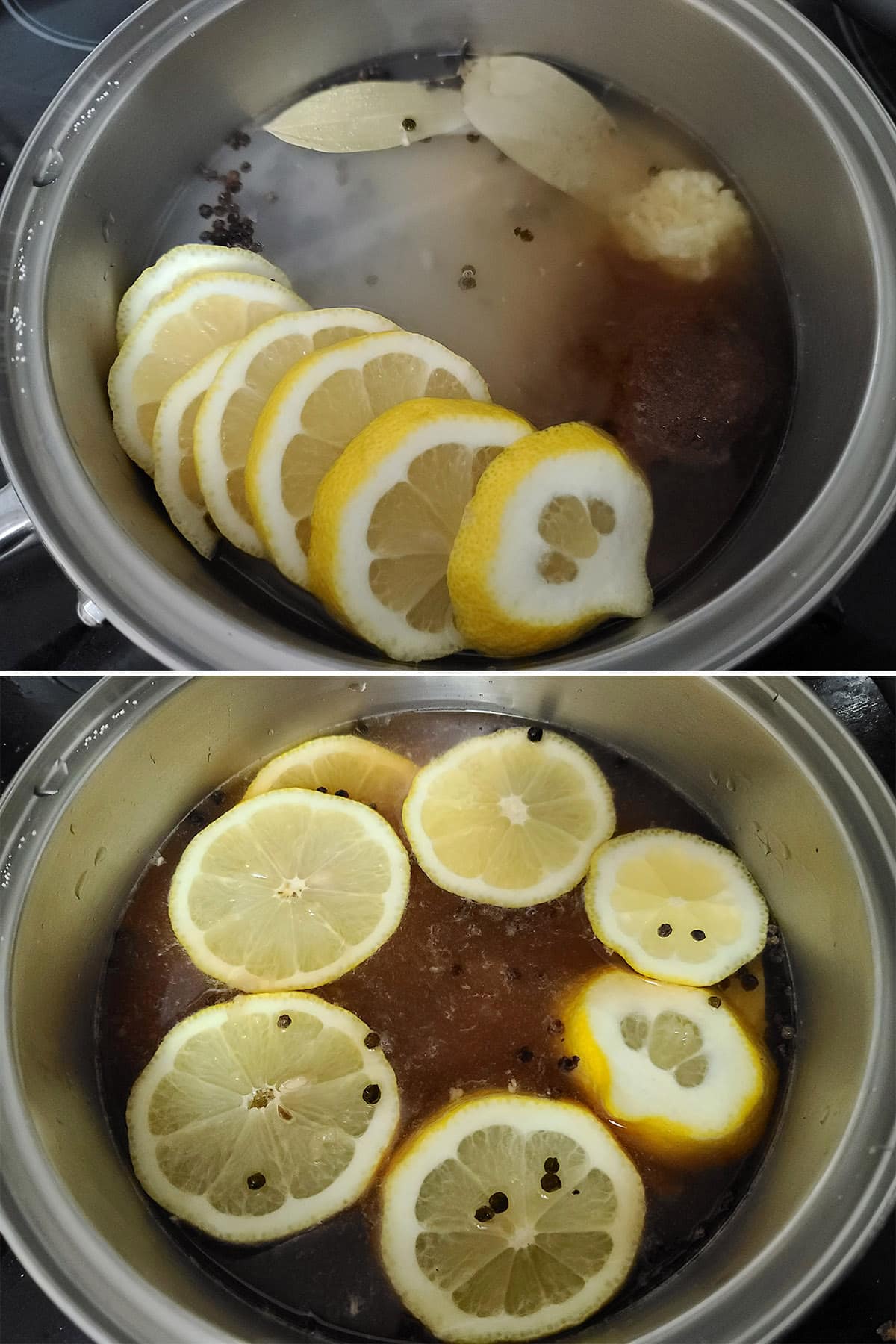 The smoked salmon brine ingredients in a pot, before and after stirring them together.