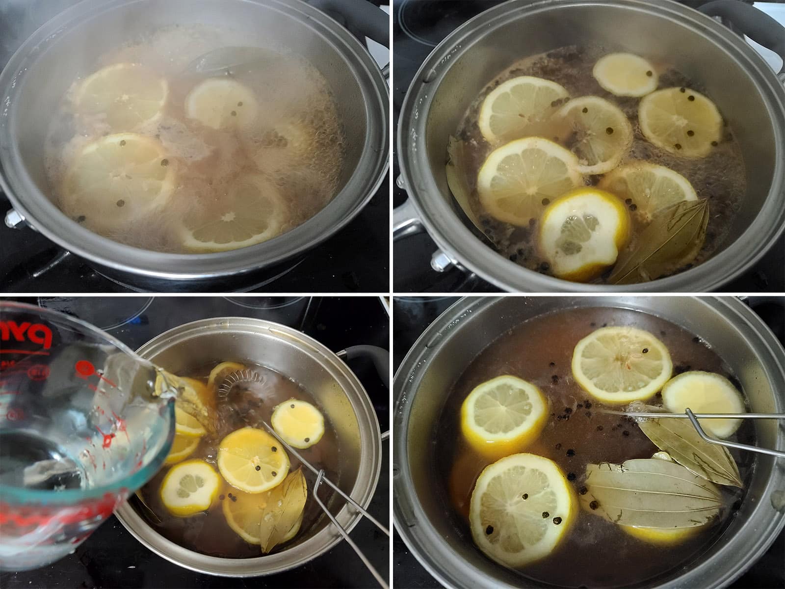 A 4 part image showing the brine simmering and water being added to the pot.