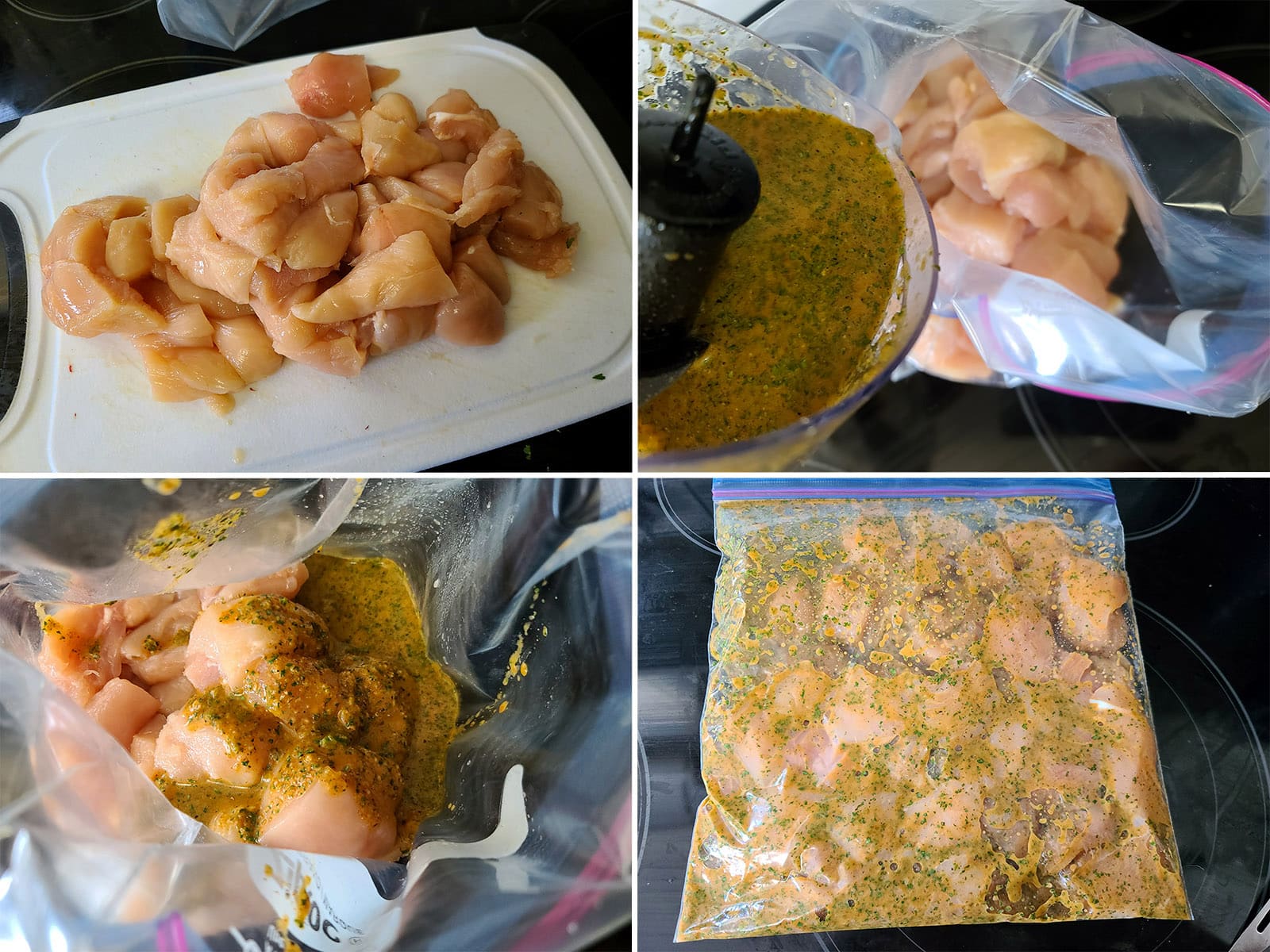 A 4 part image showing the chicken breast being cut up and marinated in a large plastic baggie.