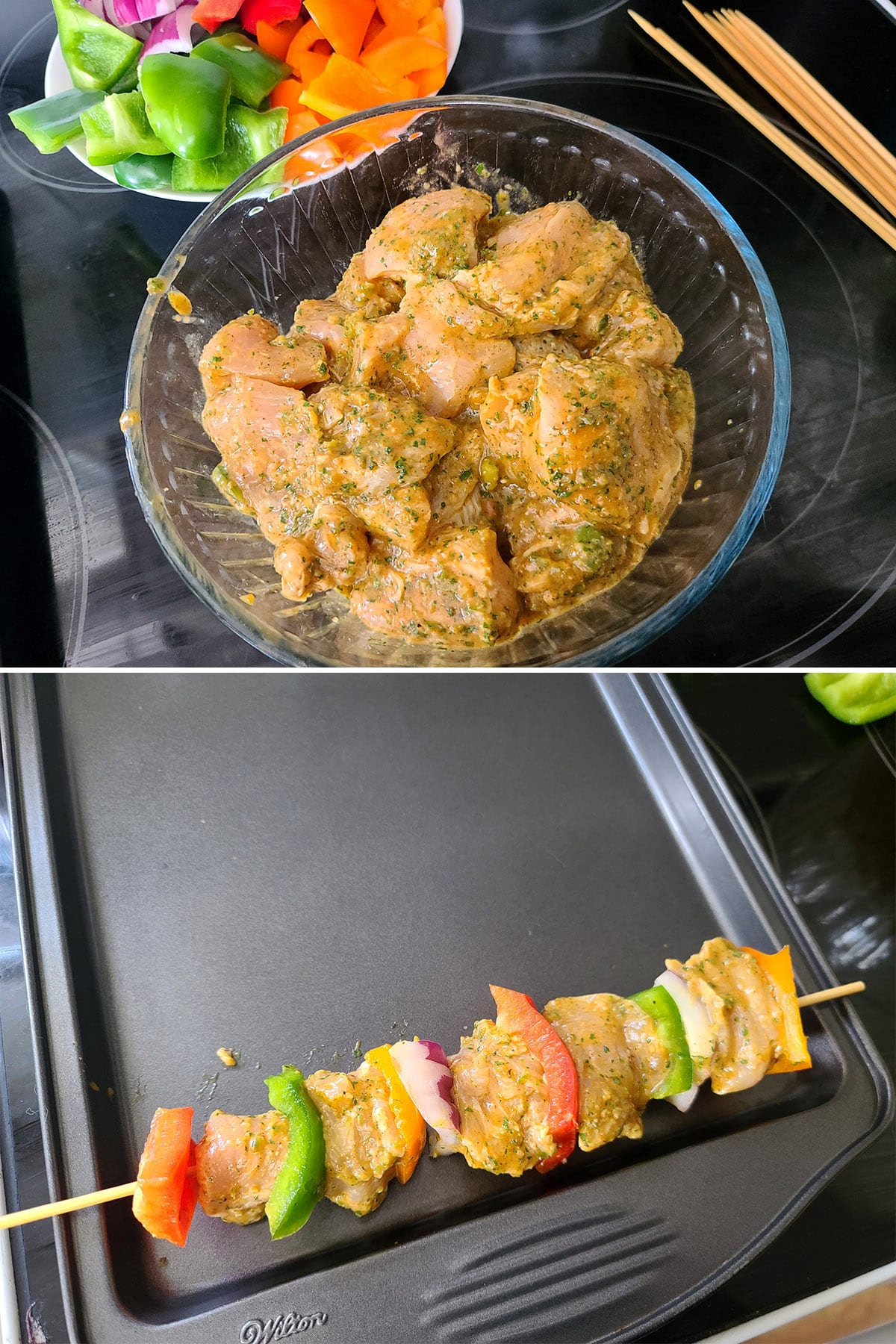 A 2 part image showing a bowl of marinated chicken and 1 assembled chicken kebab on a baking sheet.