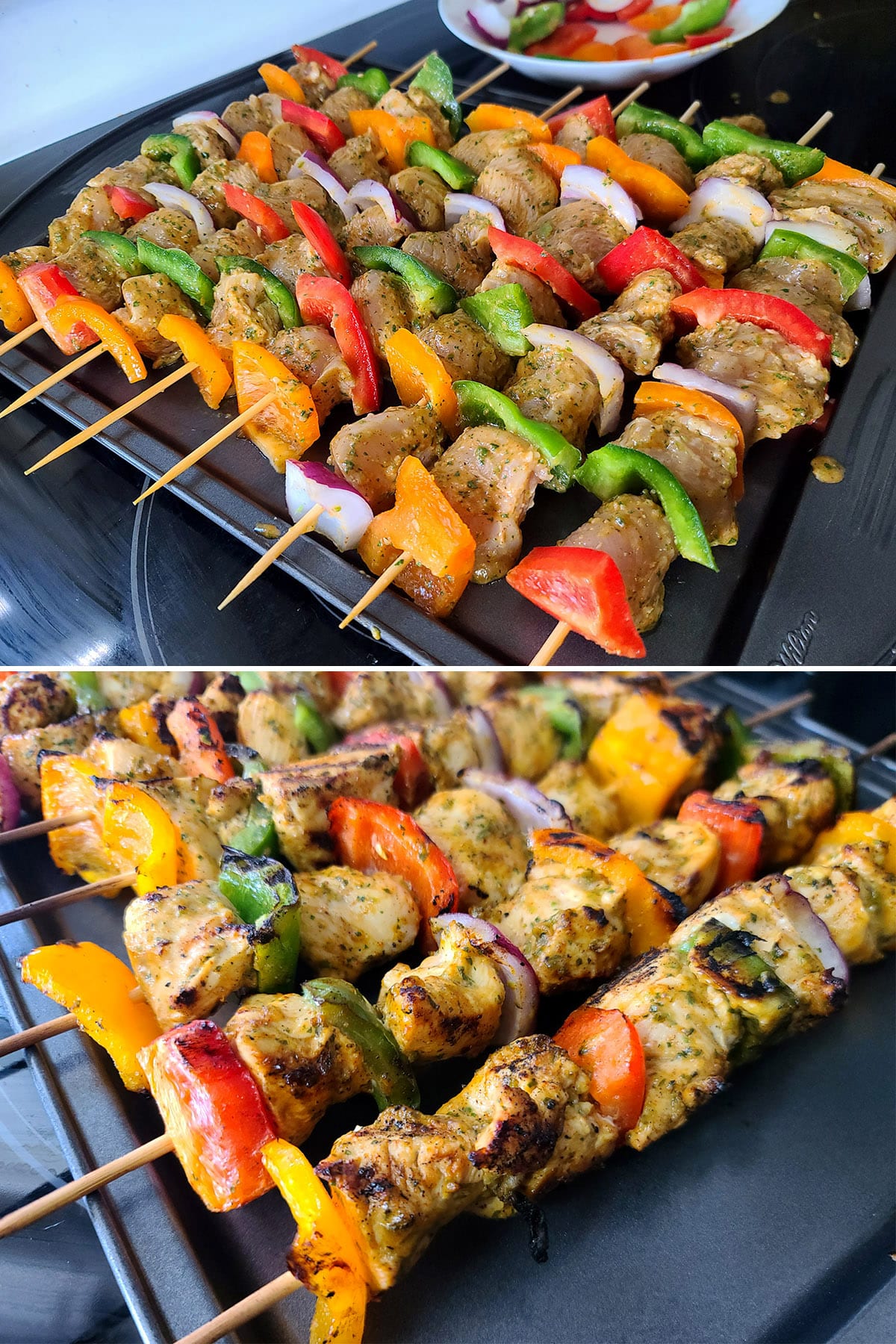 A2 part image showing the chicken fajita kebabs before and after grilling.