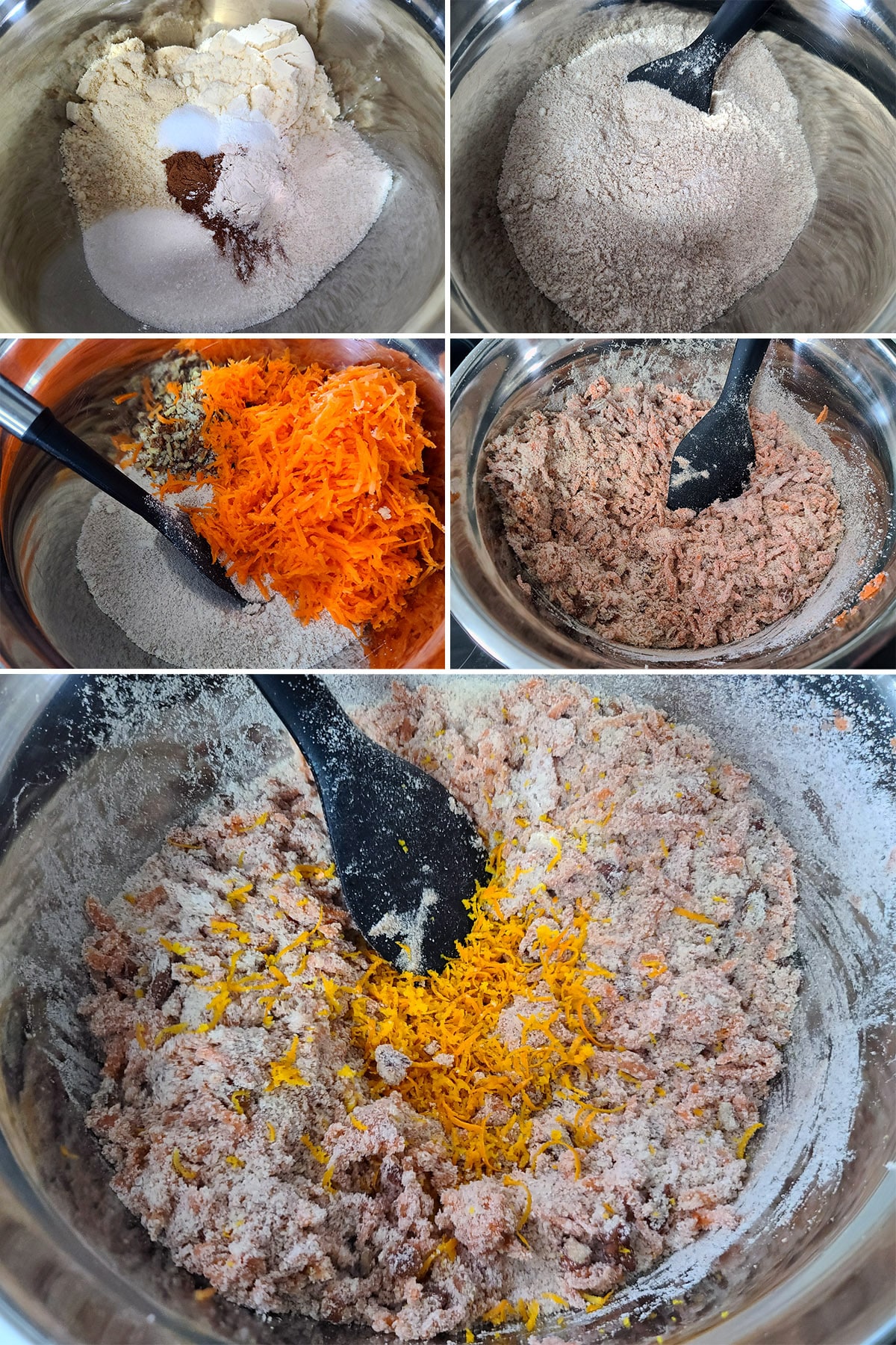 A 5 part image showing the dry ingredients being mixed, and the carrots added.