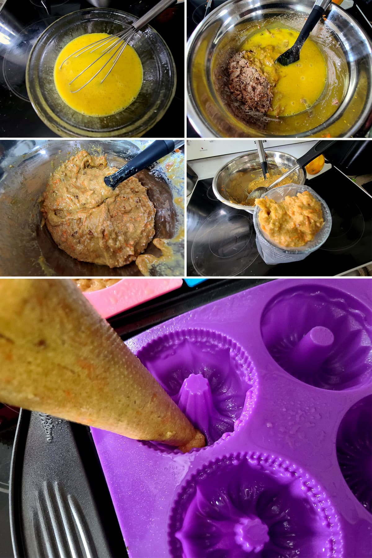 A 5 part image showing the wet ingredients being mixed into the dry, and the batter being piped into the mini bundt pans.
