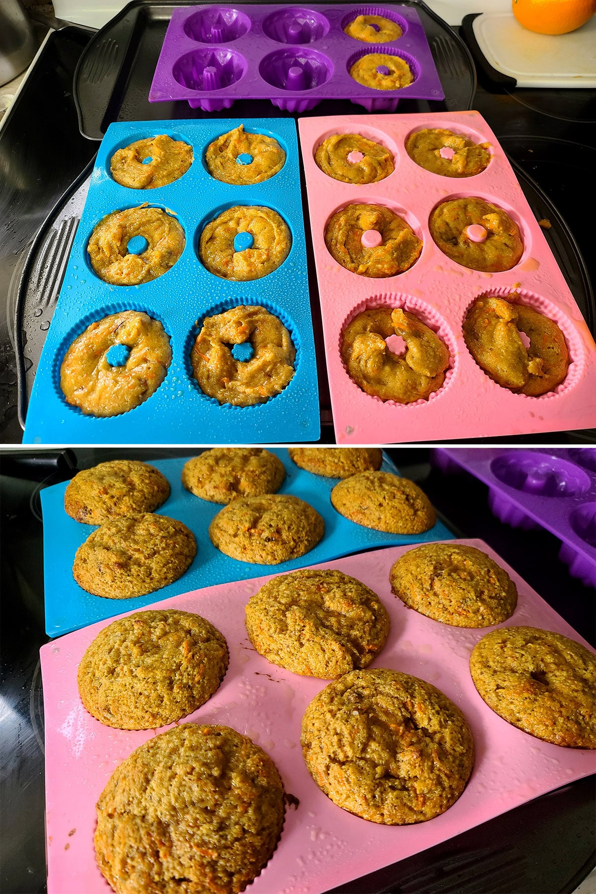 2 pans of mini keto carrot bundt cakes, before and after baking.