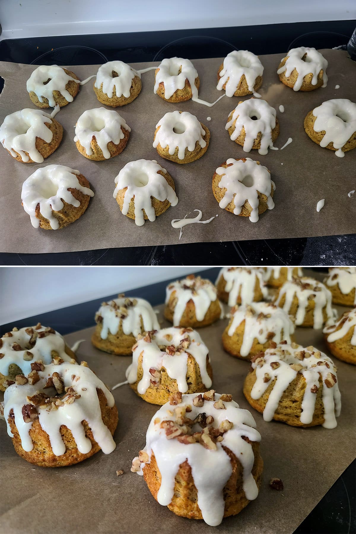 A dozen or so frosted mini bundt cakes, before and after walnuts are scattered on top.