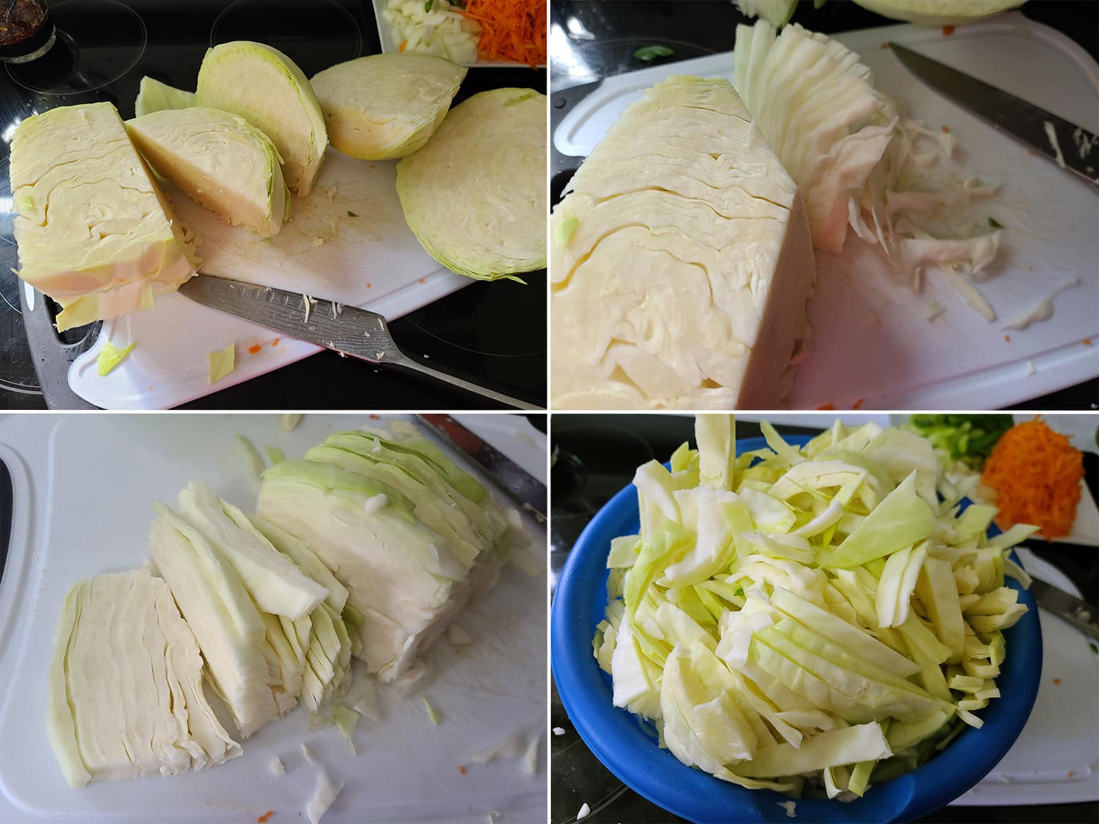 A 4 part image showing the cabbage being cut into ribbons.