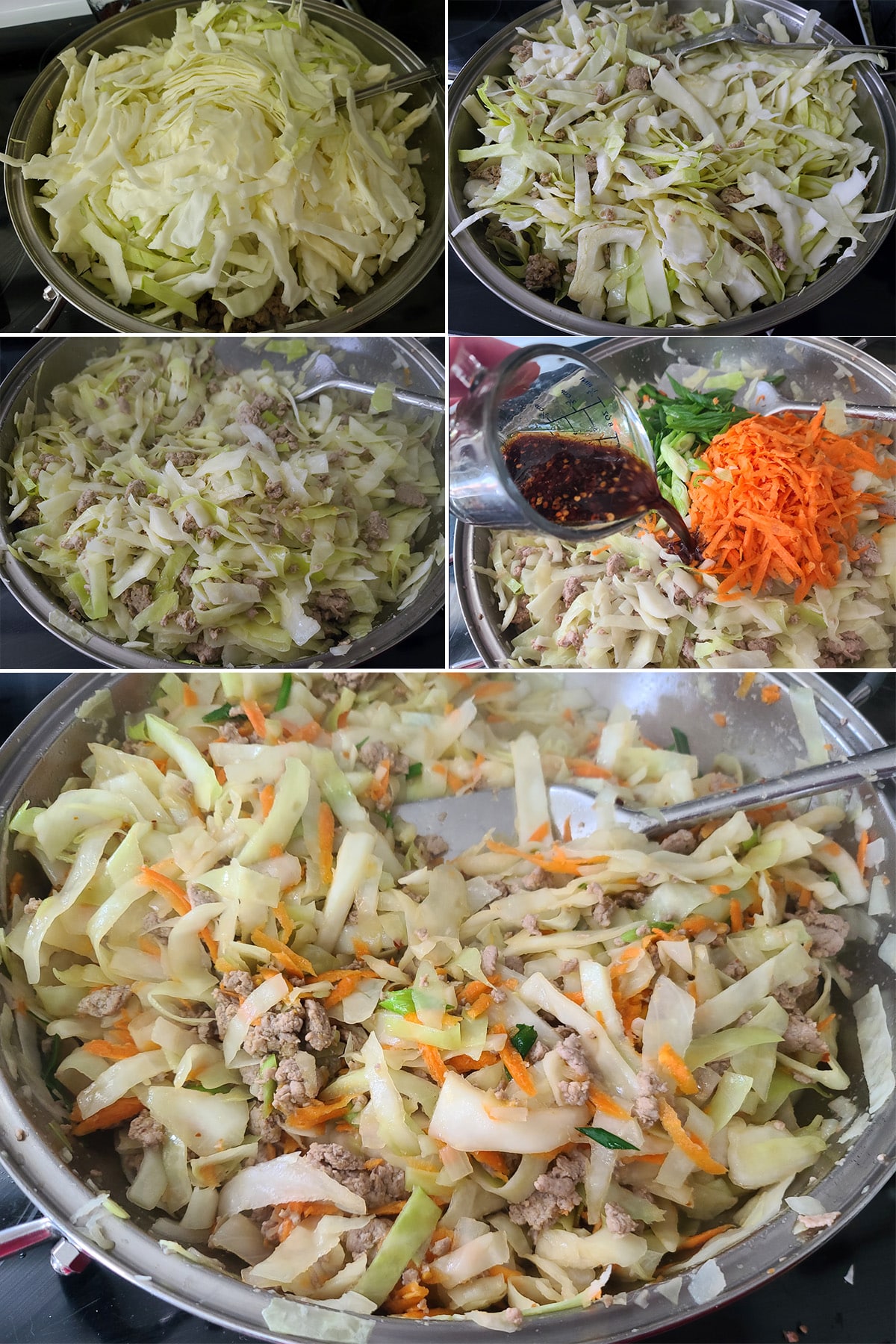 A 5 part image showing the cabbage, carrots, and onion being added to the pan and cooked down.