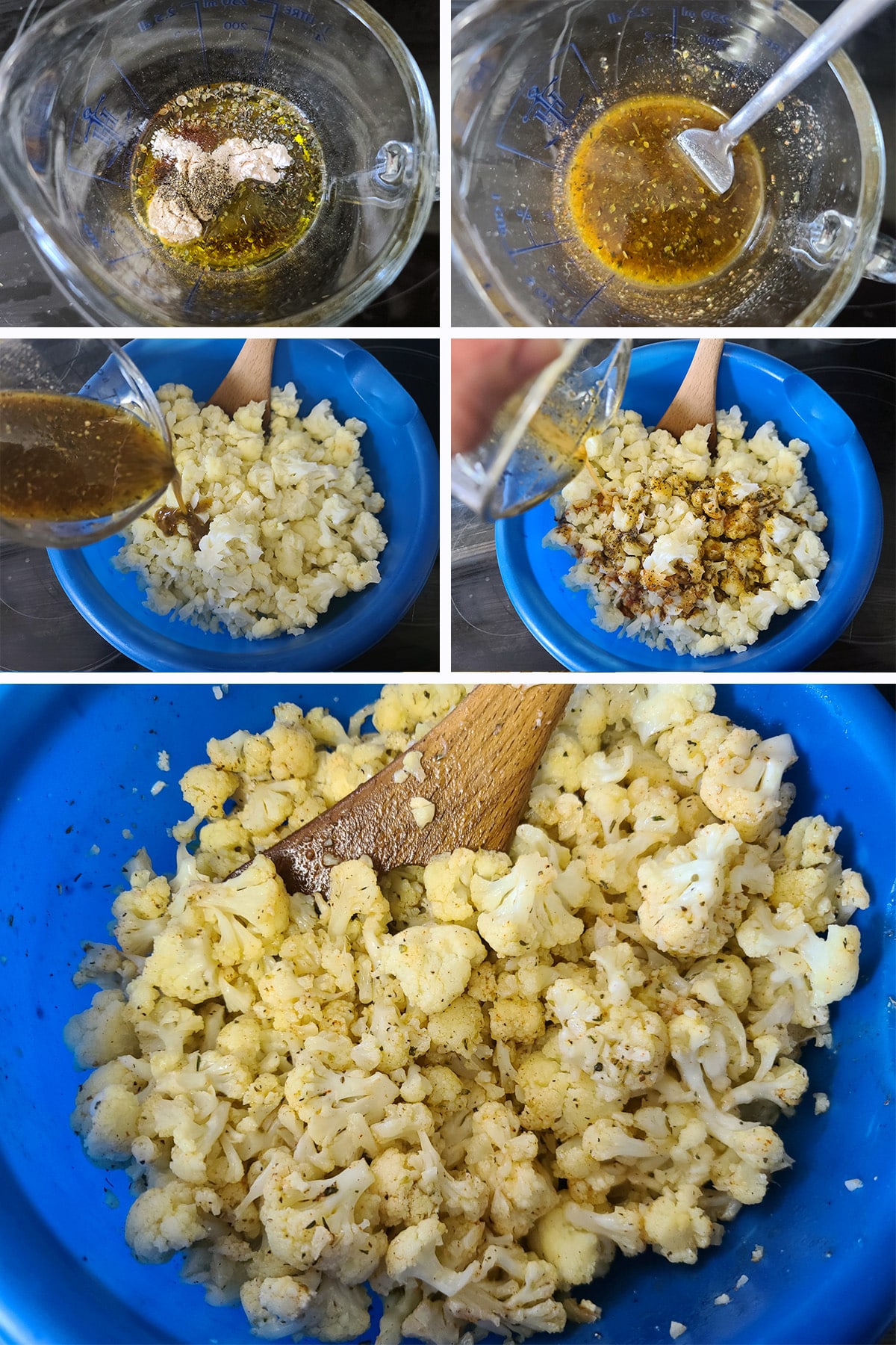 A 5 part image showing the dressing being mixed and stirred into the cooked cauliflower.