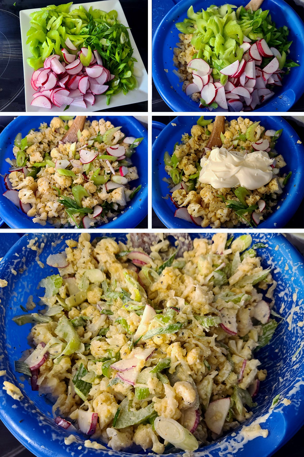A 5 part image showing the vegetables and mayo being added to the bowl of faux potato salad.
