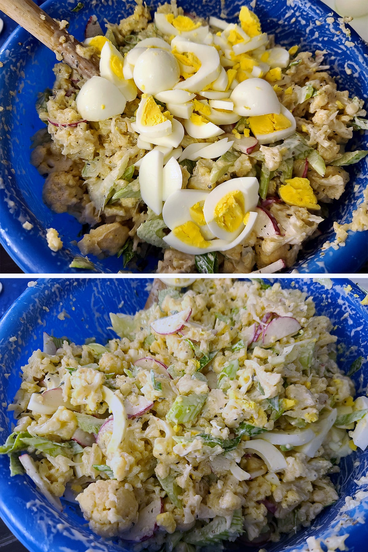 A 2 part image showing the hard boiled egg slices being added to the mock potato salad and folded in.