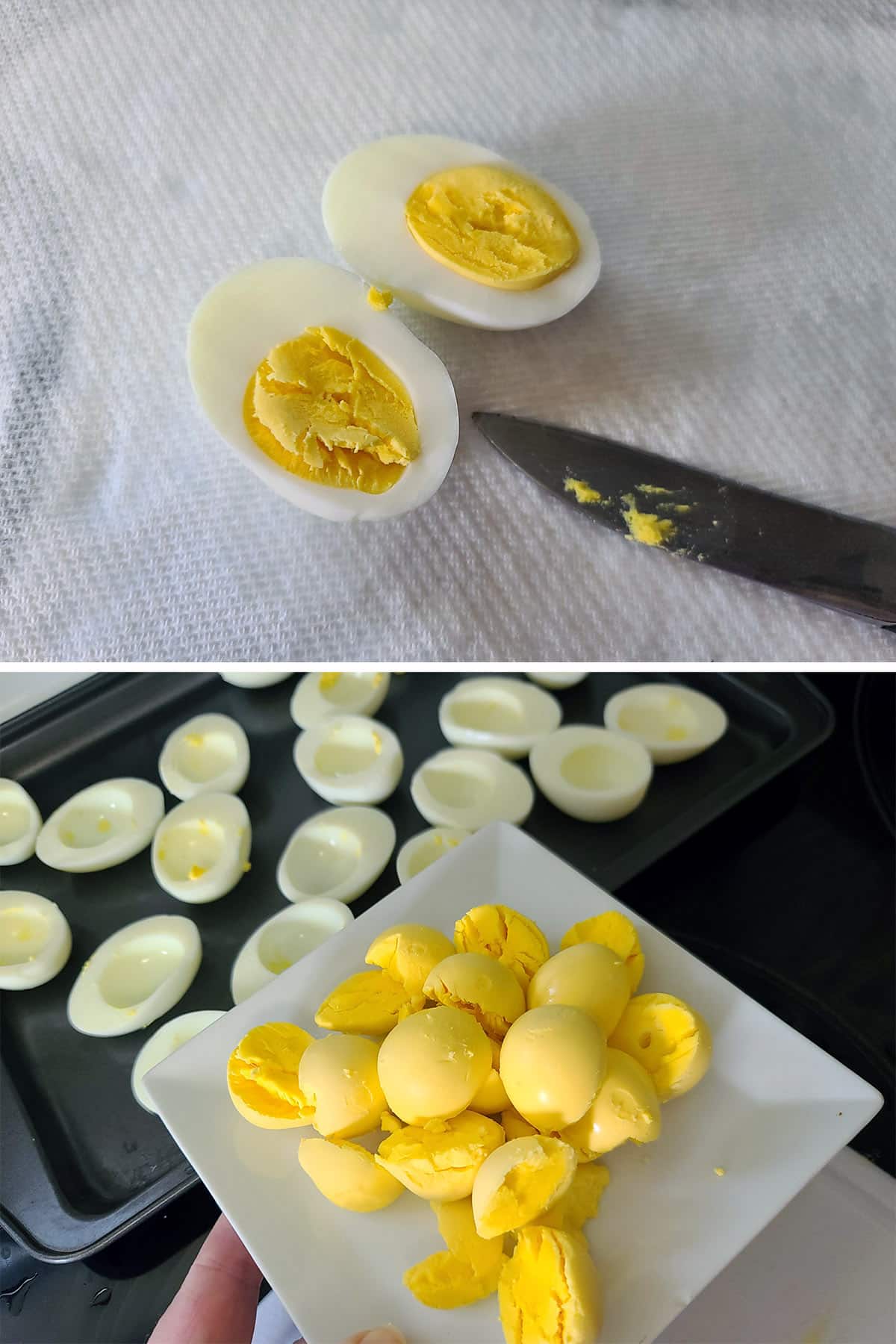 A 2 part image showing eggs being cut in half and the yolks removed.