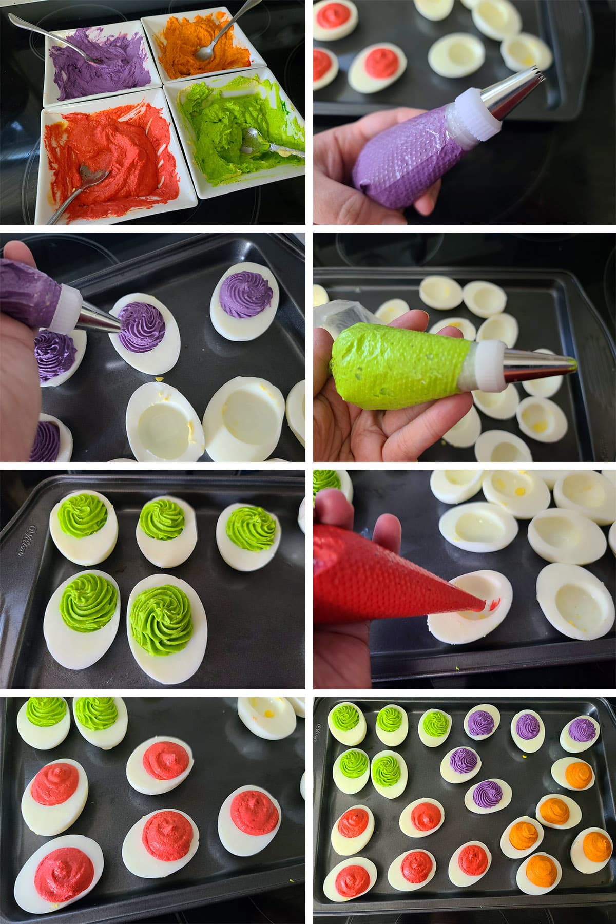 An 8 part image showing the different fillings being piped into egg white halves.