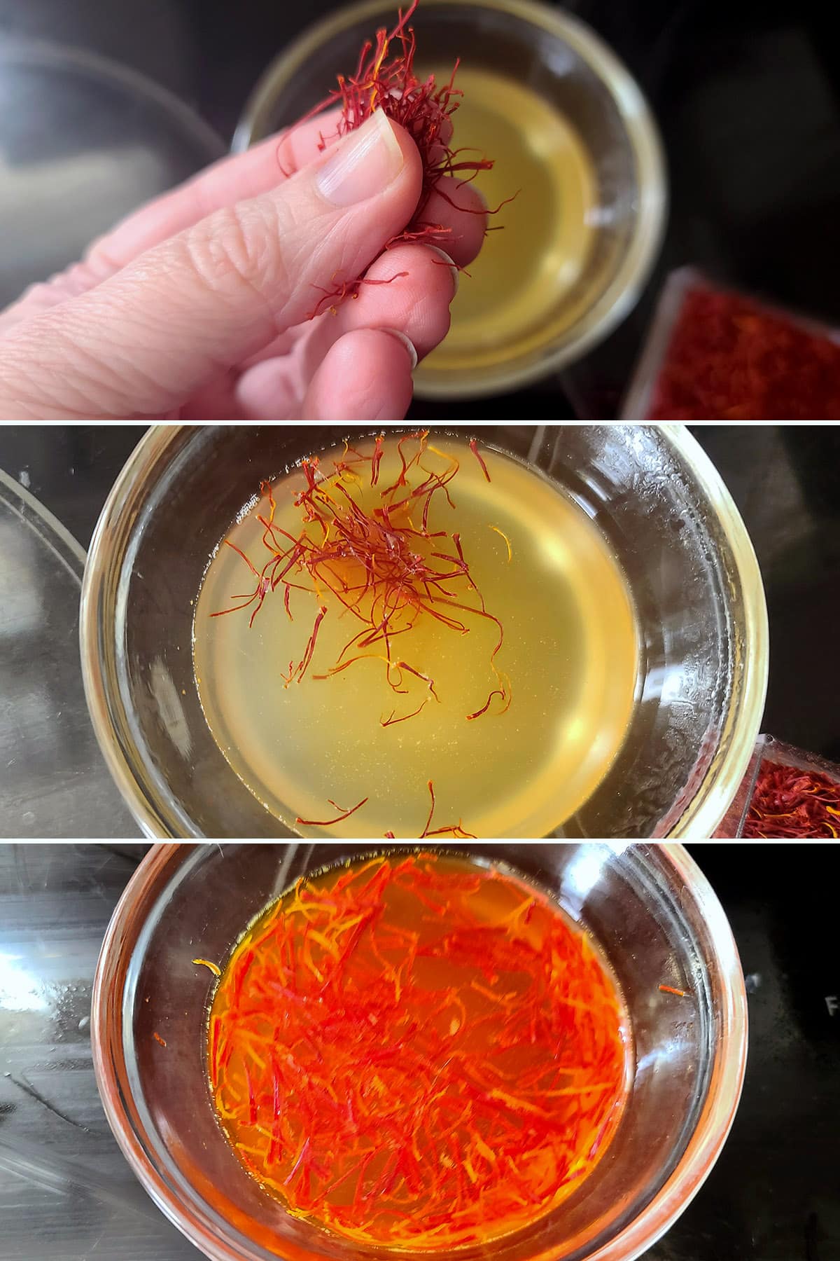 A 3 part image showing the saffron being bloomed in the chicken broth.