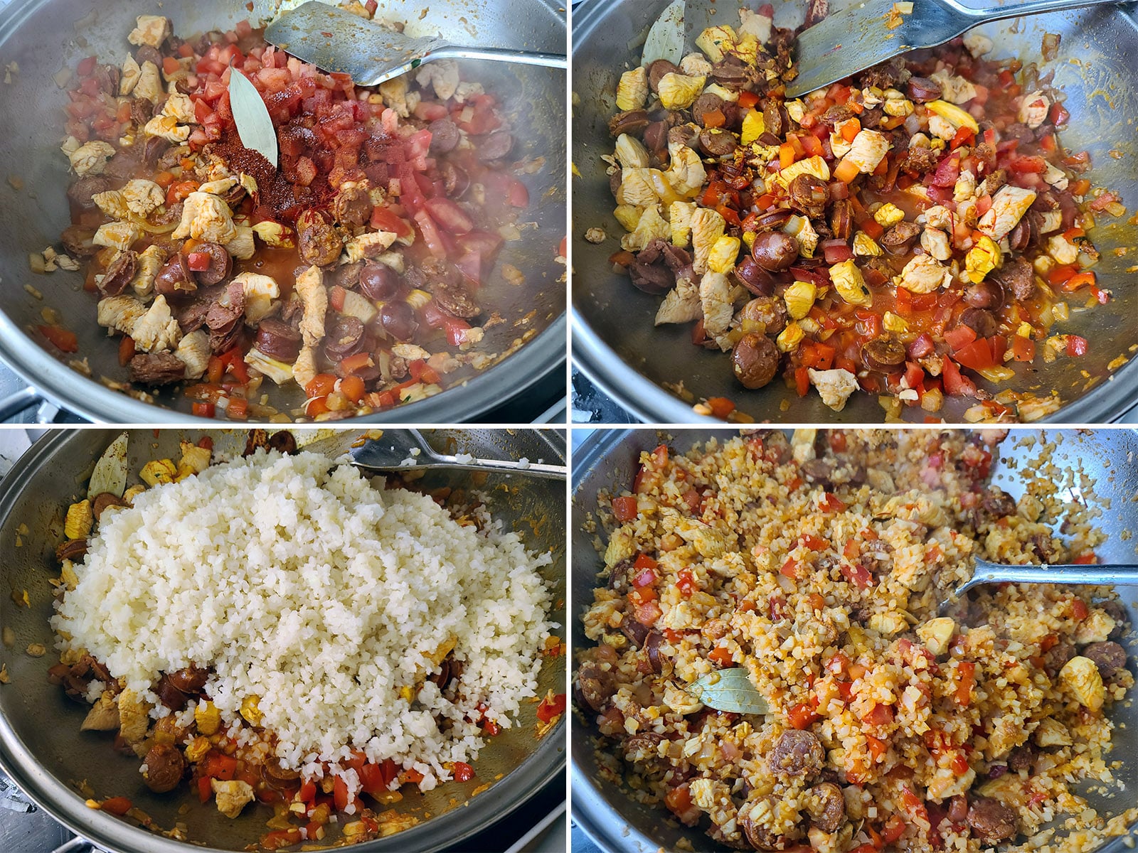 Seasonings, broth, and cauliflower rice being added to the pan and stirred together.