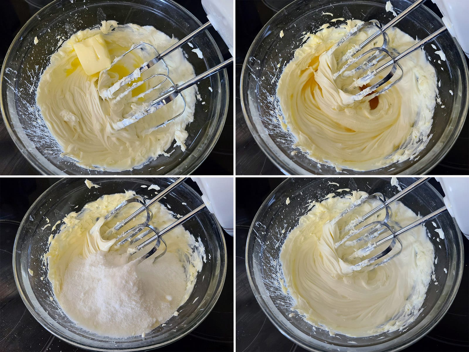 A 4 part image showing the cream cheese frosting being mixed together.