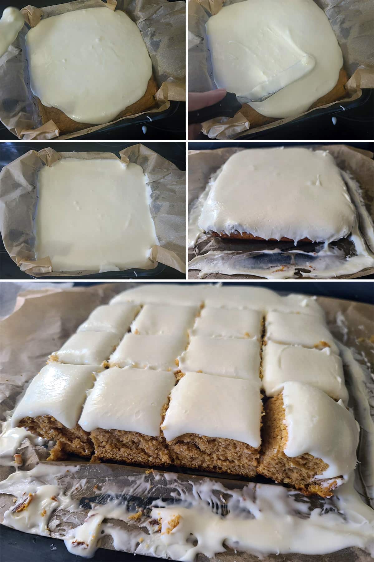 A 5 part image showing the cream cheese icing being spread on bars, then the bars cut.