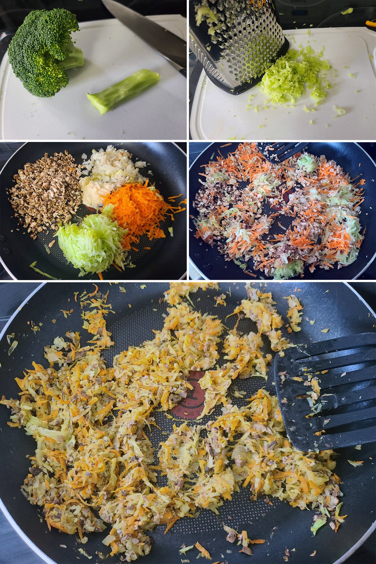 A 5 part image showing the veggies being prepared and cooked.