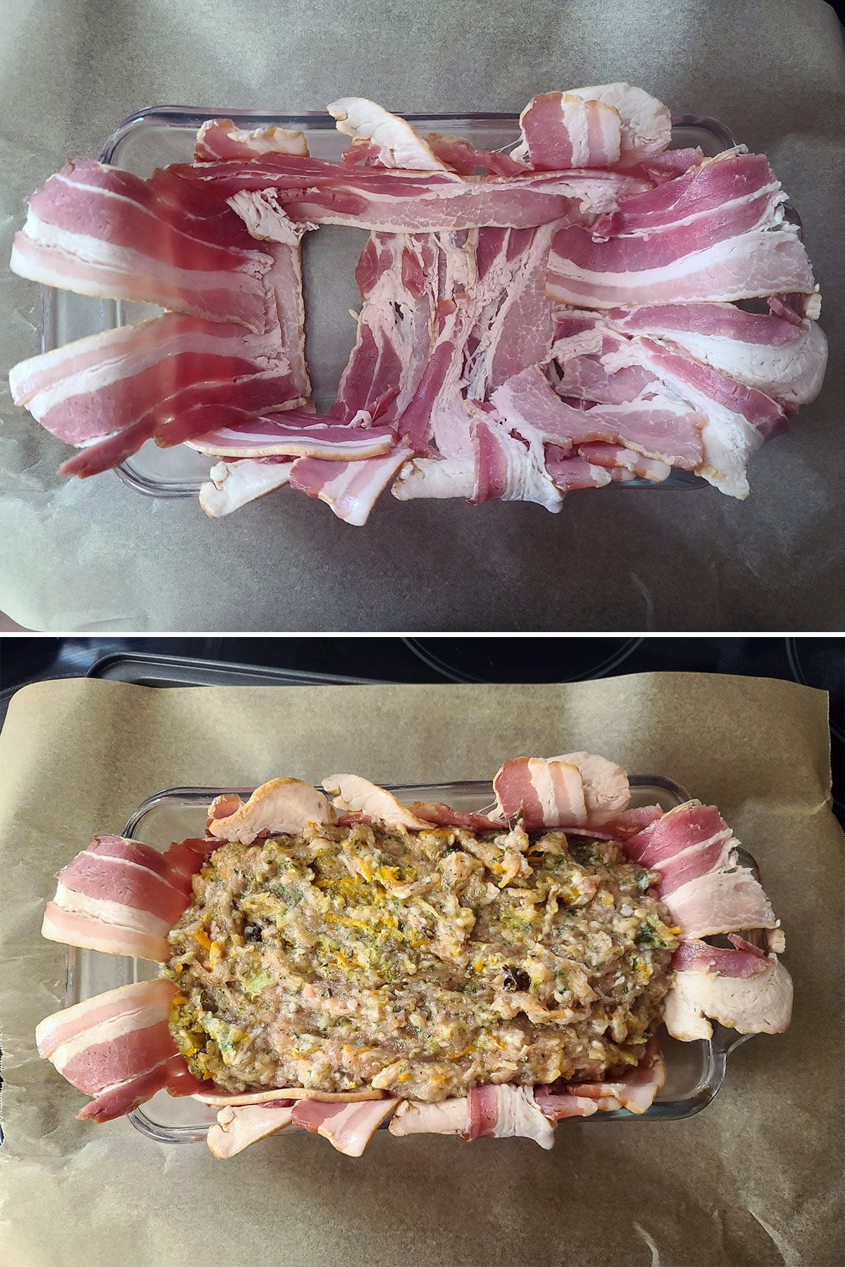 A 2 part image showing the pan being lined with raw bacon and filled with meatloaf mixture.