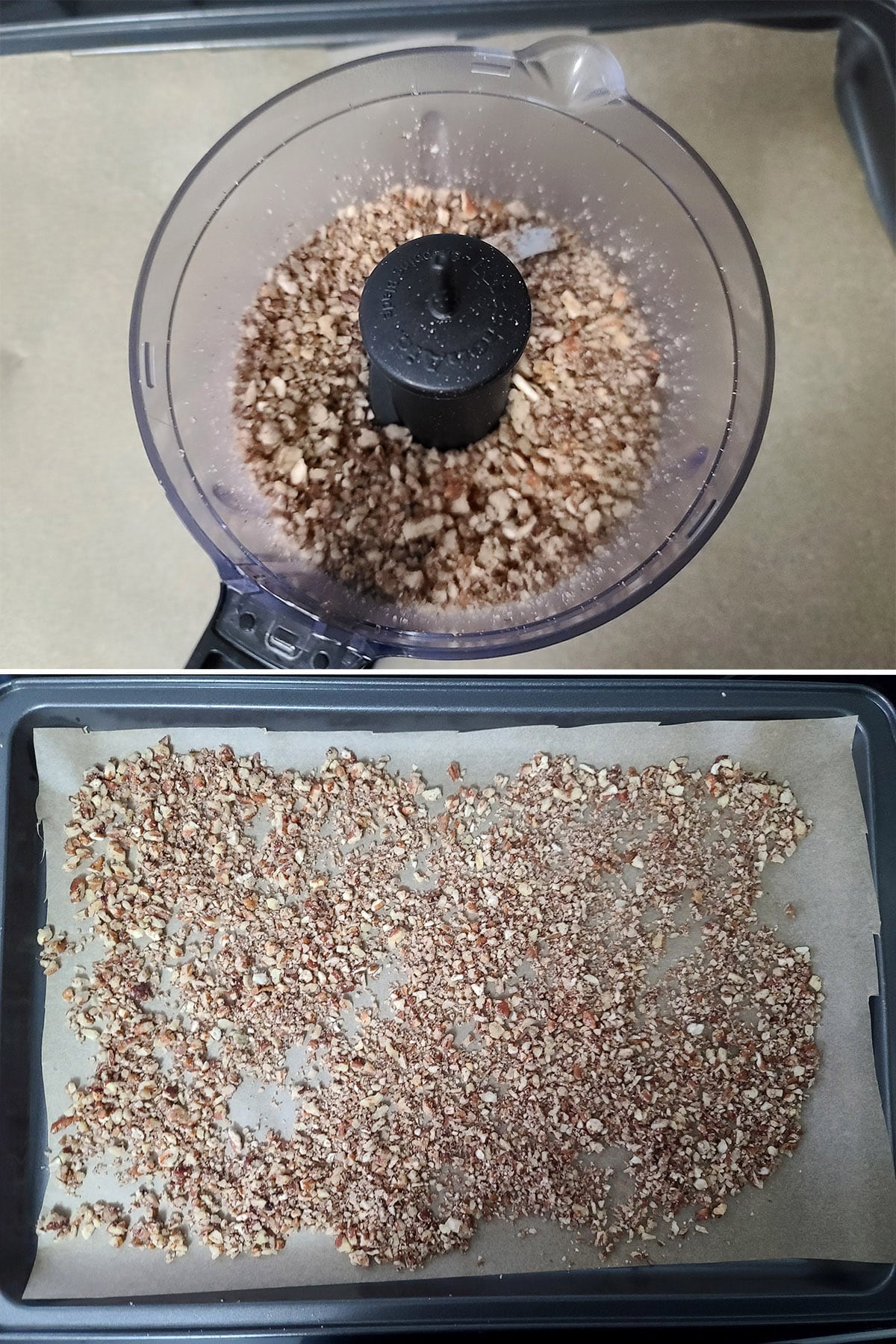 A 2 part image showing the pecans in a mini food processor, then spread on a pan.