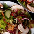 A bowl of base salad, with lettuce, mushrooms, radishes, cucumbers, etc visible.