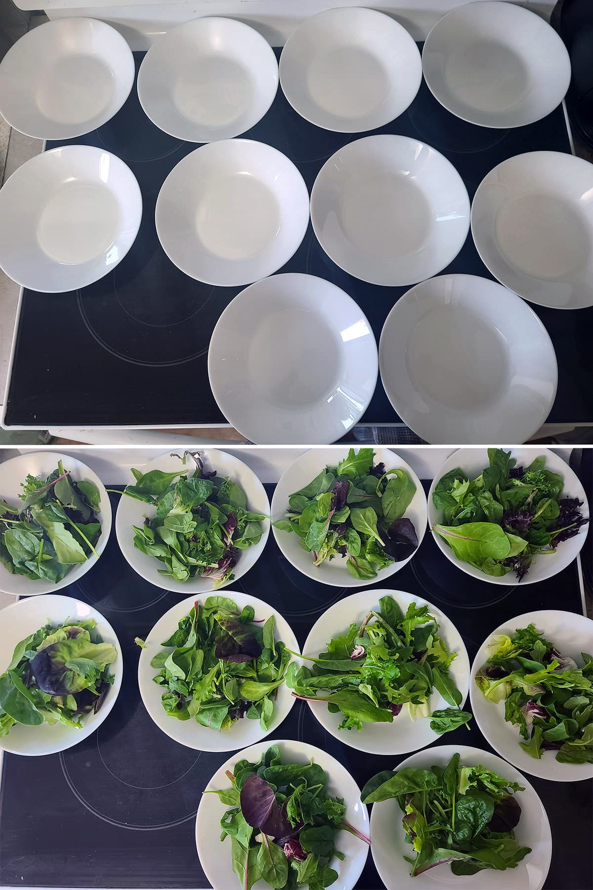 A 2 part image showing 10 empty white bowls, then the same bowls with salad greens in them.
