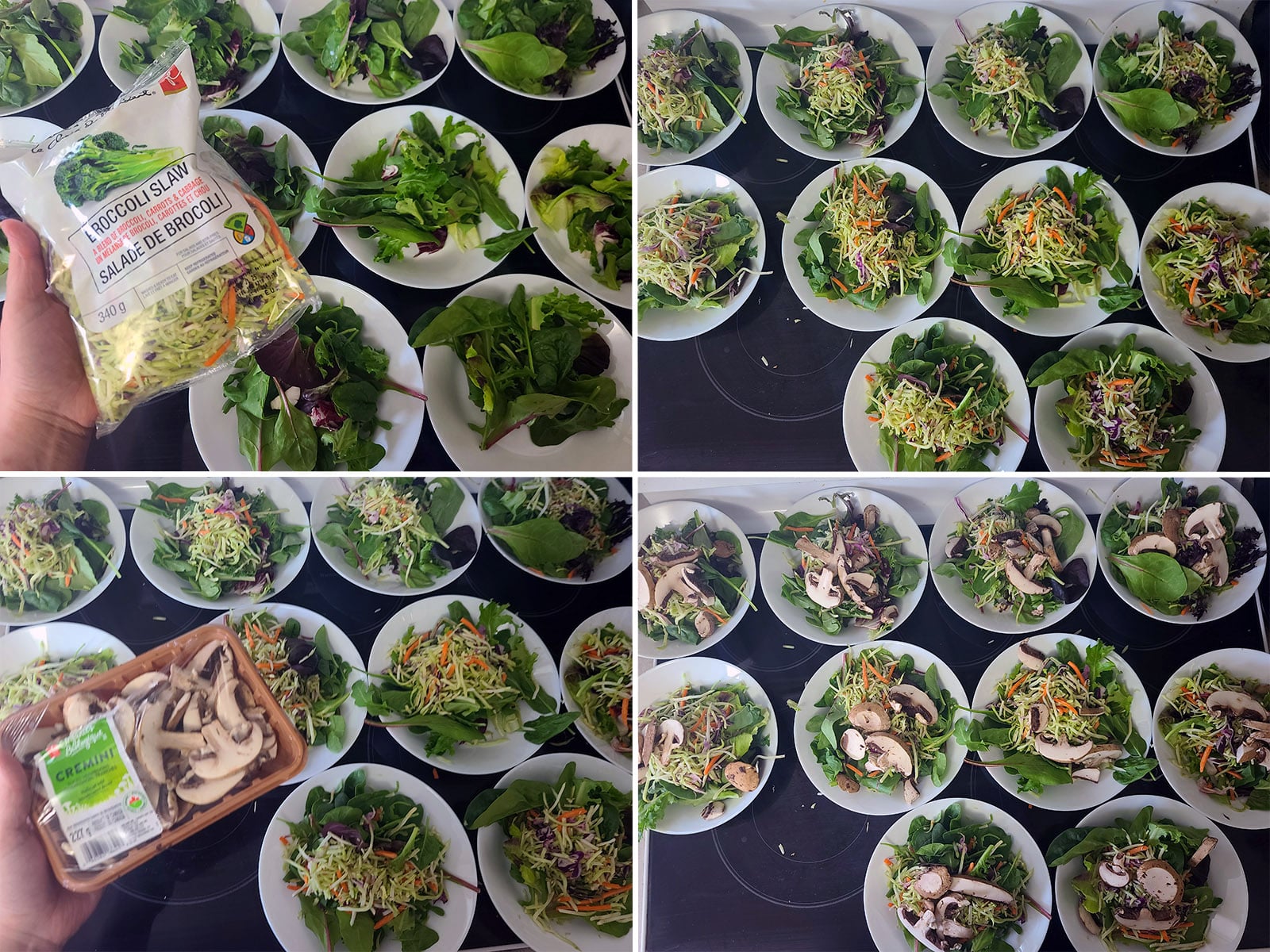 A 4 part image showing the broccoli slaw and mushrooms being added to the salads.