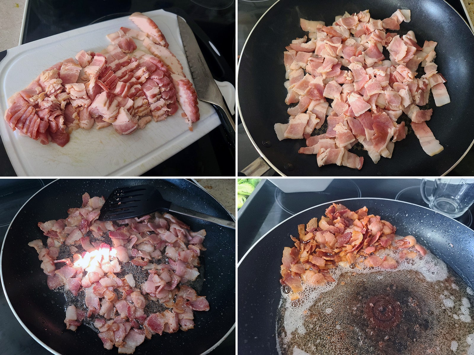 A 4 part image showing the bacon being chopped, cooked, and strained off the fat.