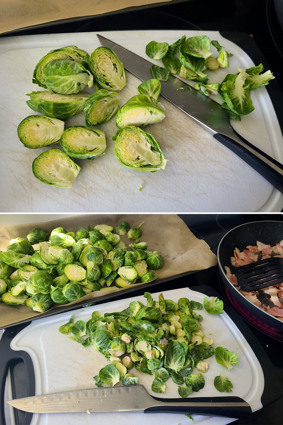 A 2 part image showing the brussels sprouts being trimmed and cut in half.