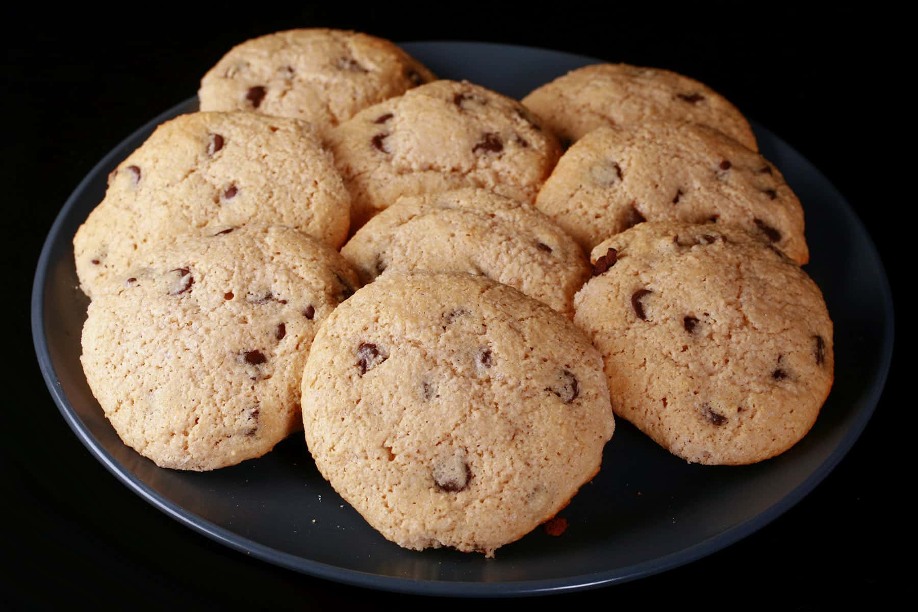 A plate of low carb chocolate chip cookies.