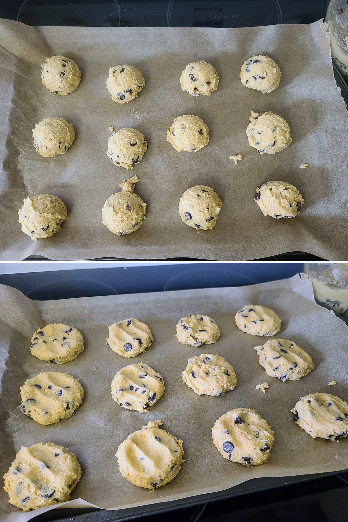 A two part image showing the balls of keto cookie dough on a lined baking sheet, before and after being slightly flattened.