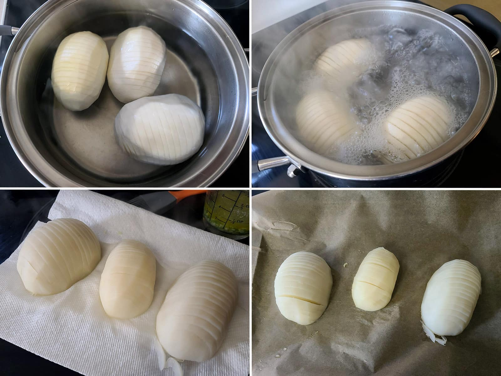 A 3 part image showing the turnips being boiled, drained on paper towel, and laid on a parchment lined baking sheet.