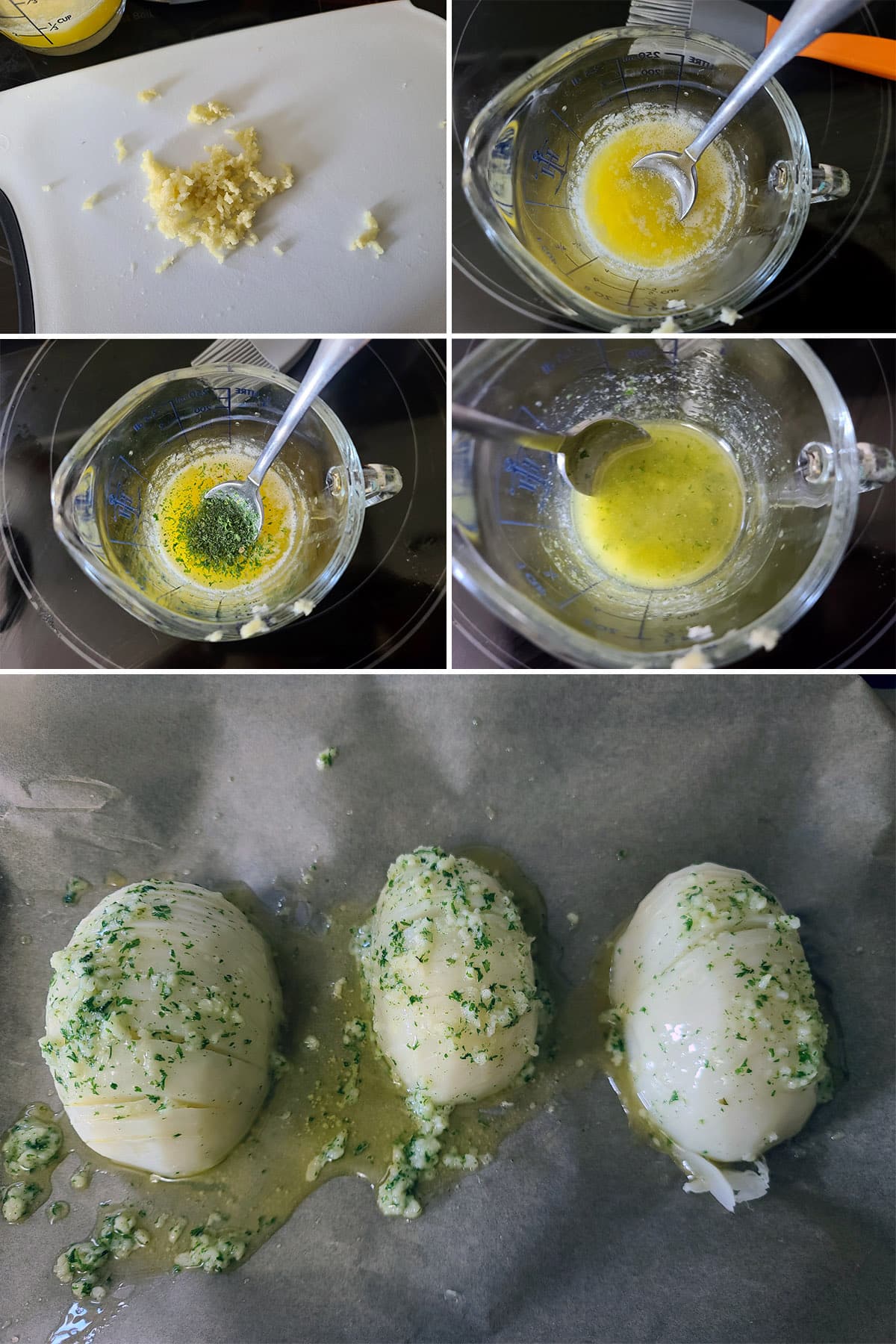 A 5 part image showing the garlic butter being mixed and brushed over the prepared turnips.