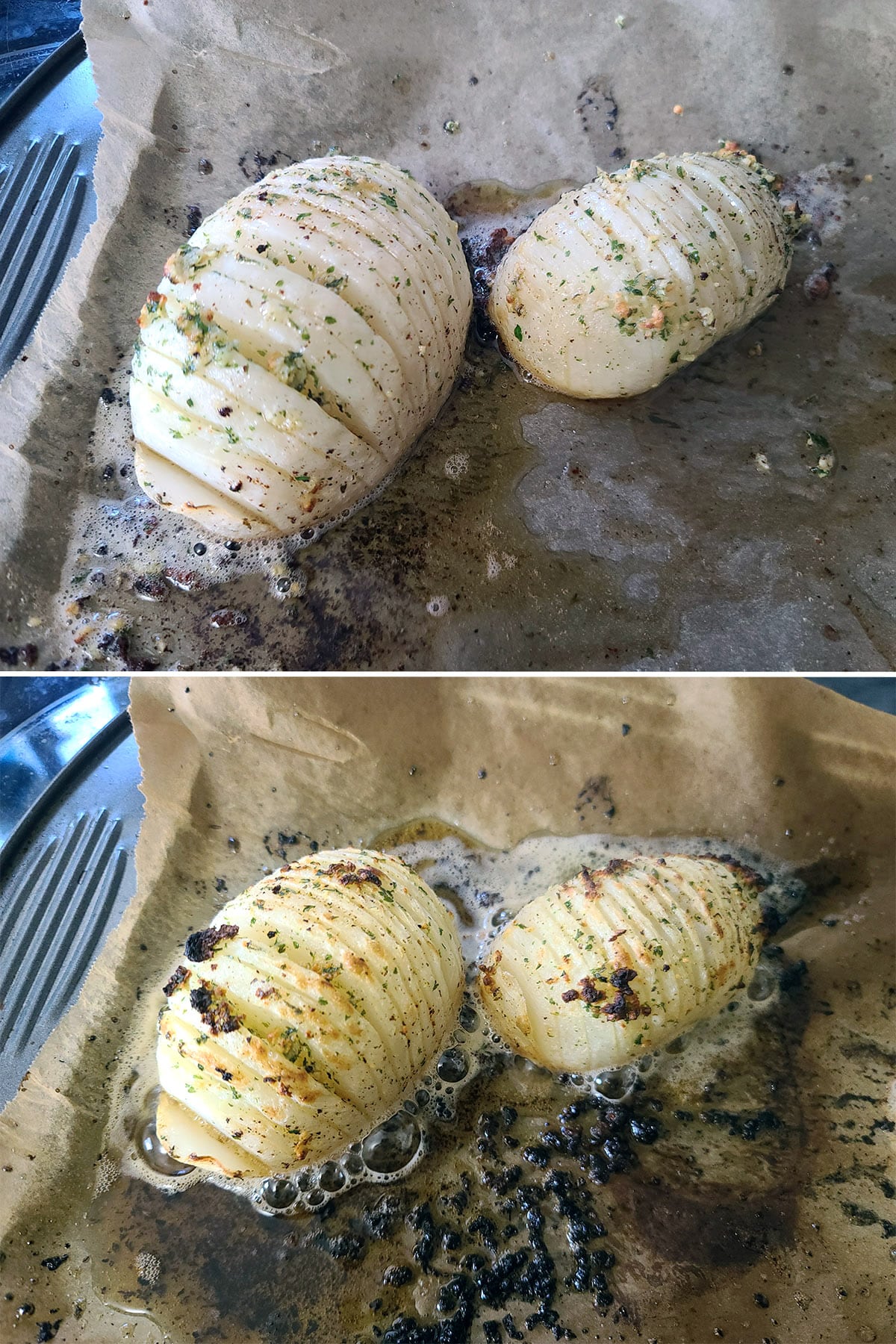 A 2 part image showing the baked turnips in process.