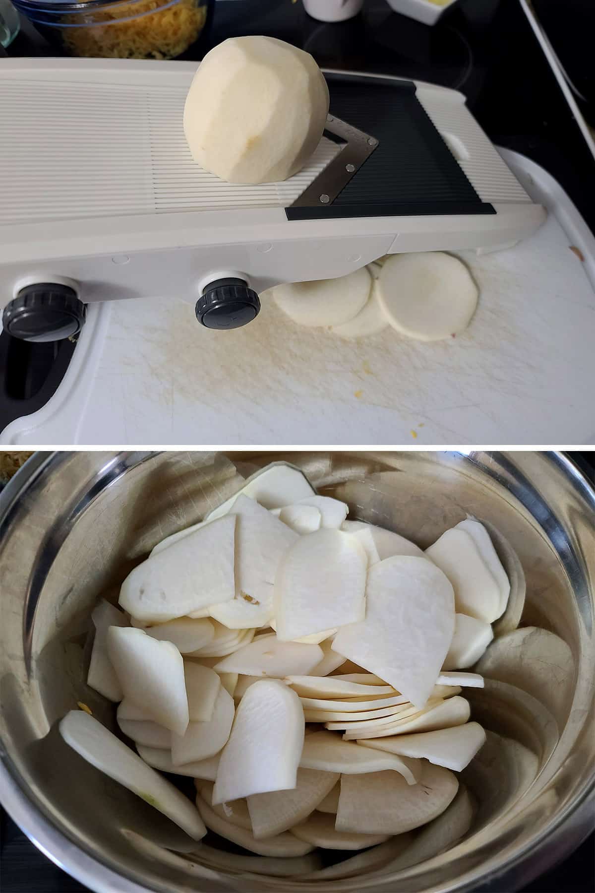A 2 part image showing peeled turnips being sliced on a mandoline slicer.