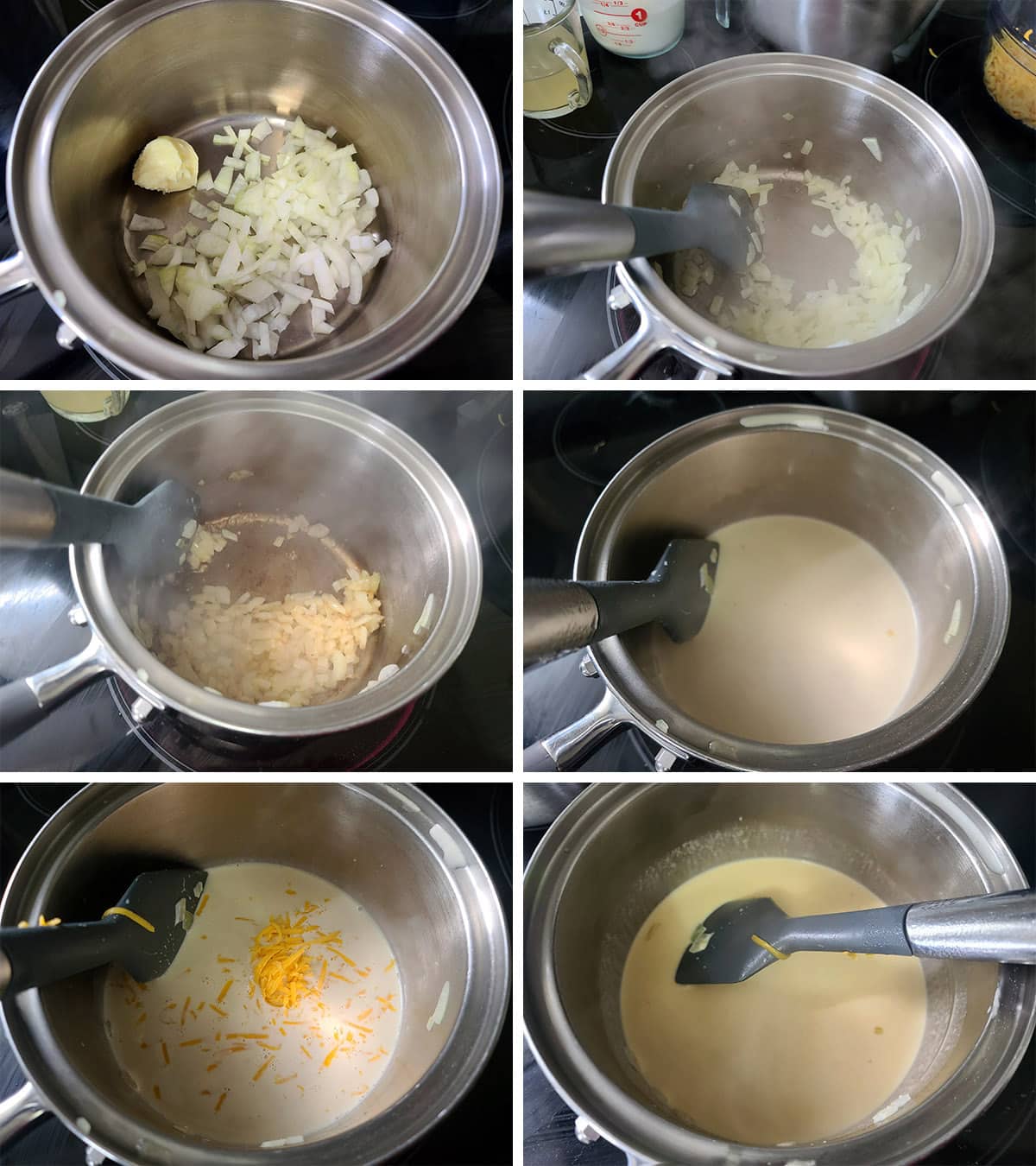 A 6 part image showing the cheese sauce being made.