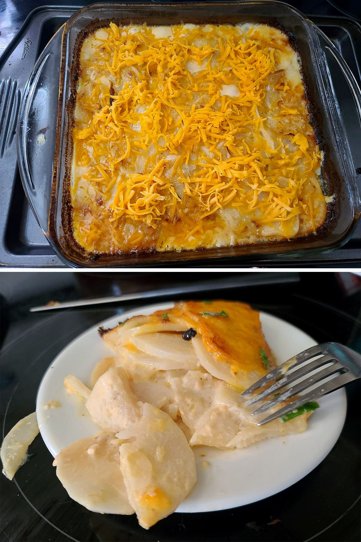 The pan with cheese added, and a serving on a plate.