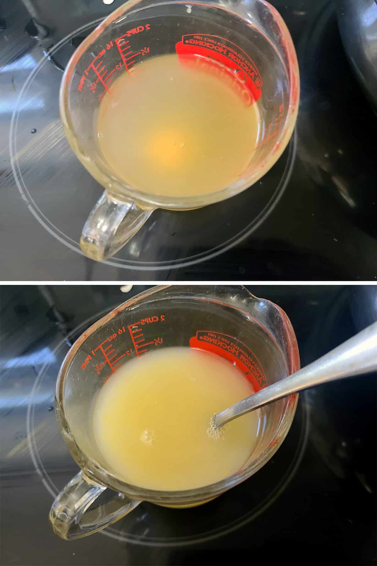 A 2 part image showing an egg being whisked into chicken broth.