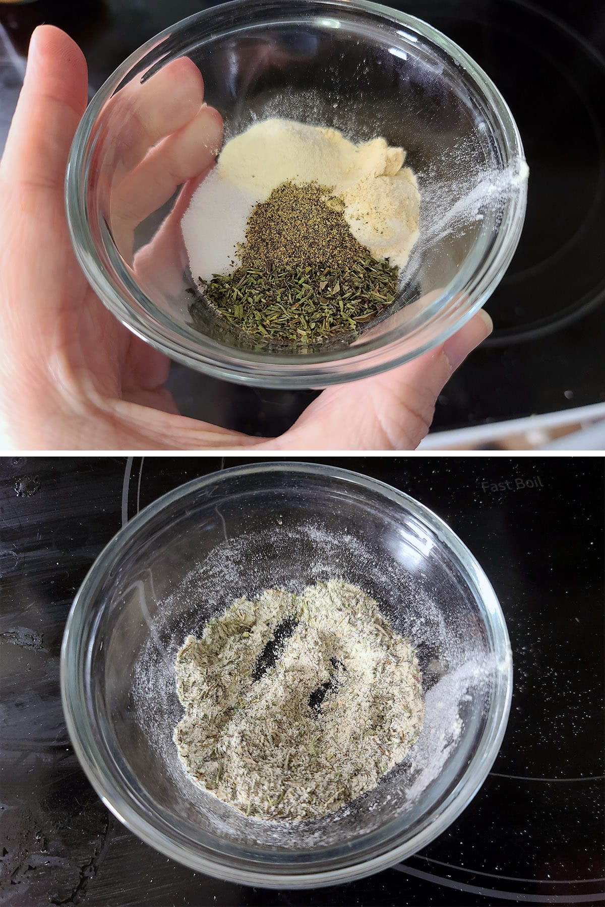 A 2 part image showing the seasonings being mixed together.