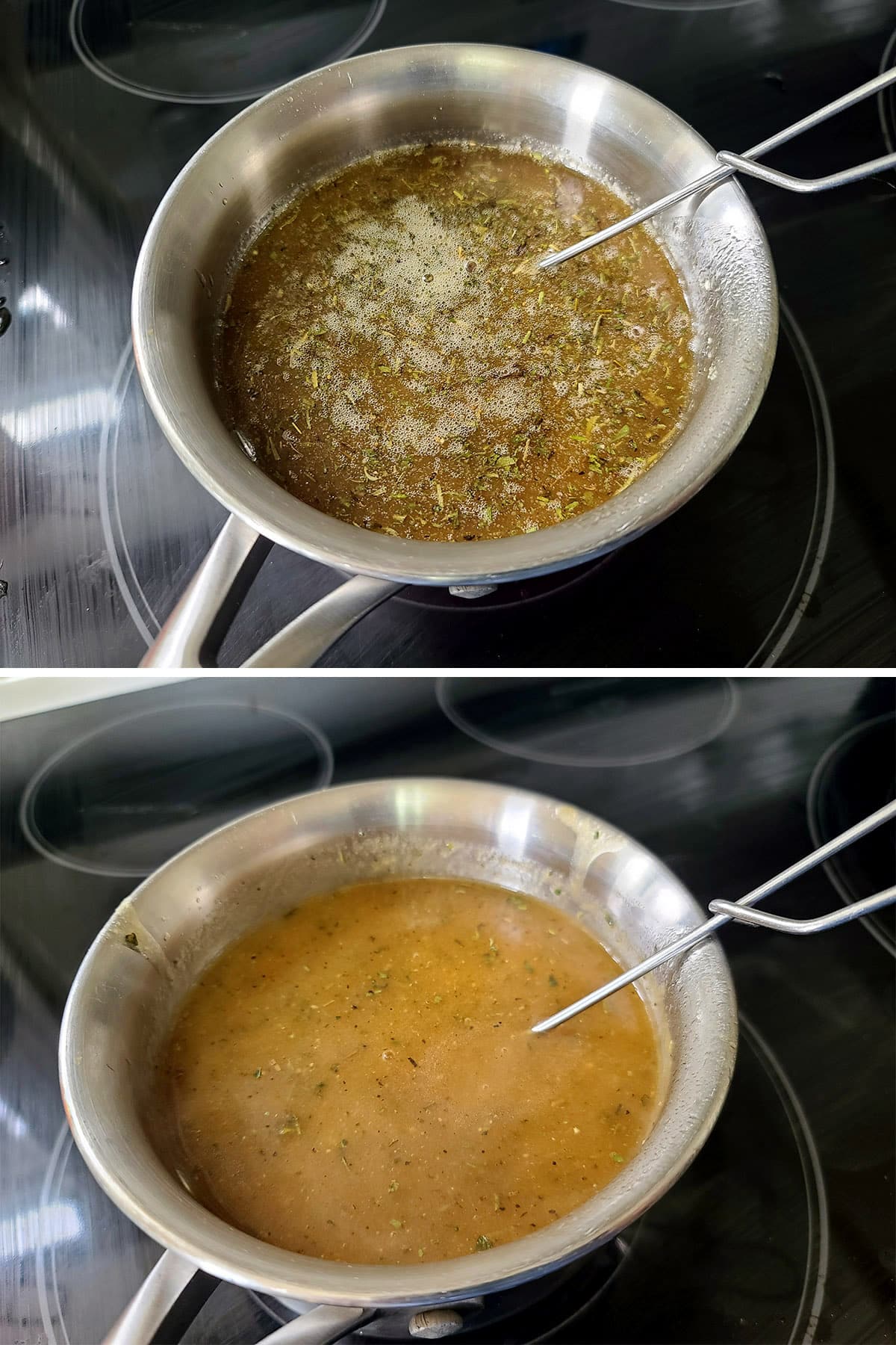 A 2 part image showing the seasonings being whisked into the gravy and simmered.