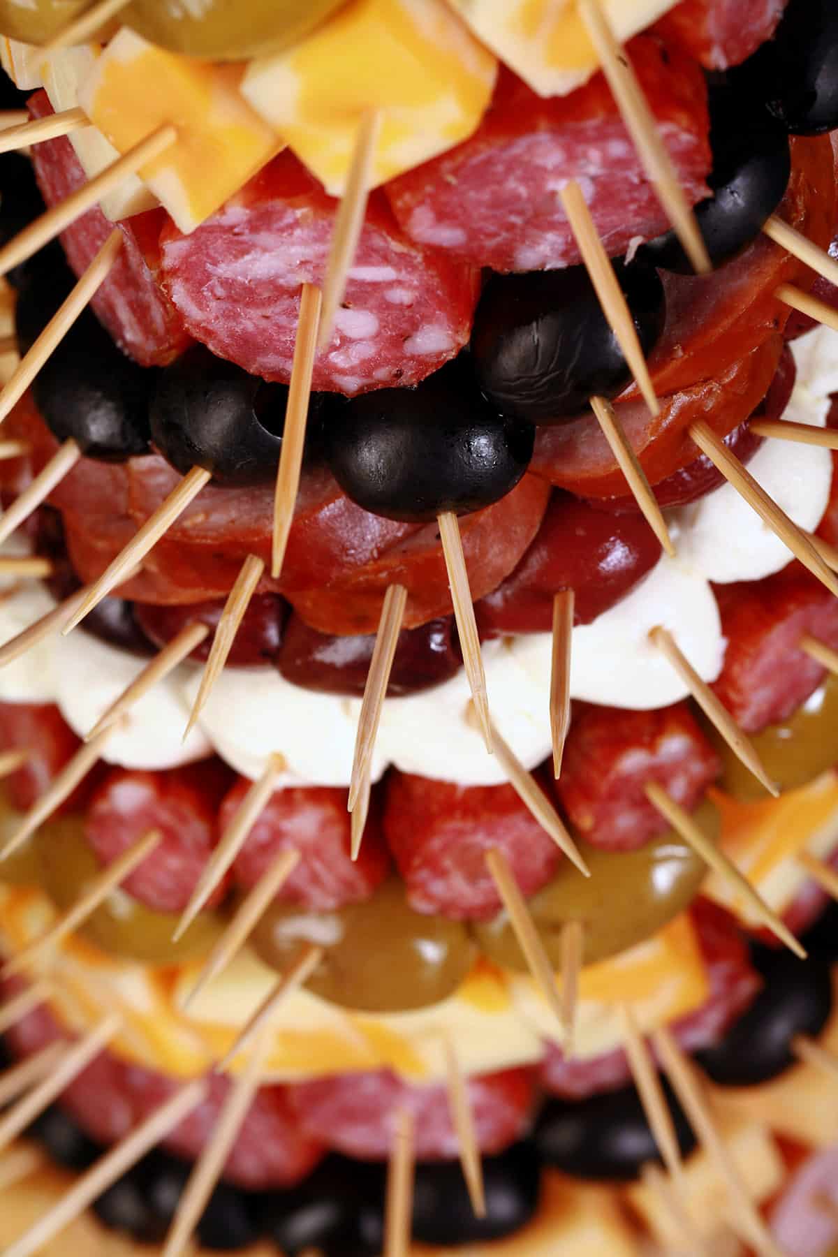 A close up view of the middle of the charcuterie christmas tree.